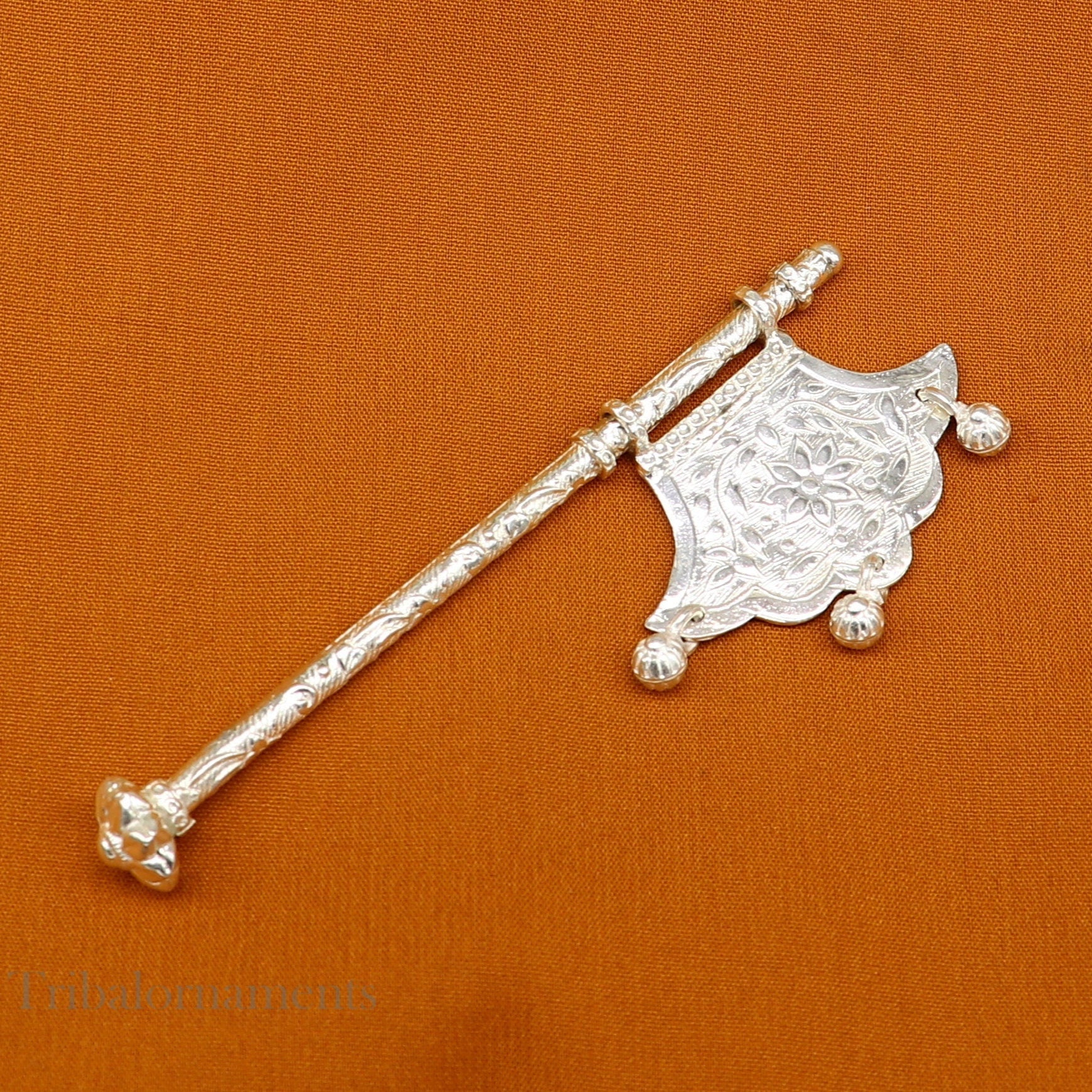 Solid silver pankhi, floral design small fan or pankhi for god puja, best gifting to laddu gopala krishna, silver hand driven fan su590 - TRIBAL ORNAMENTS