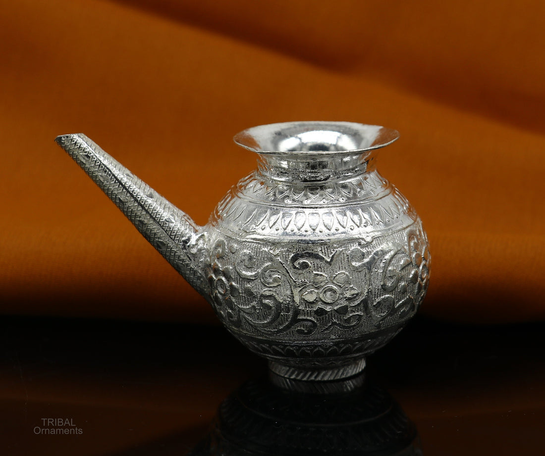 Solid sterling silver handmade GangaJal Kalash or pot, unique silver puja article, water or milk shiva Abhishek kalash pot india su592 - TRIBAL ORNAMENTS
