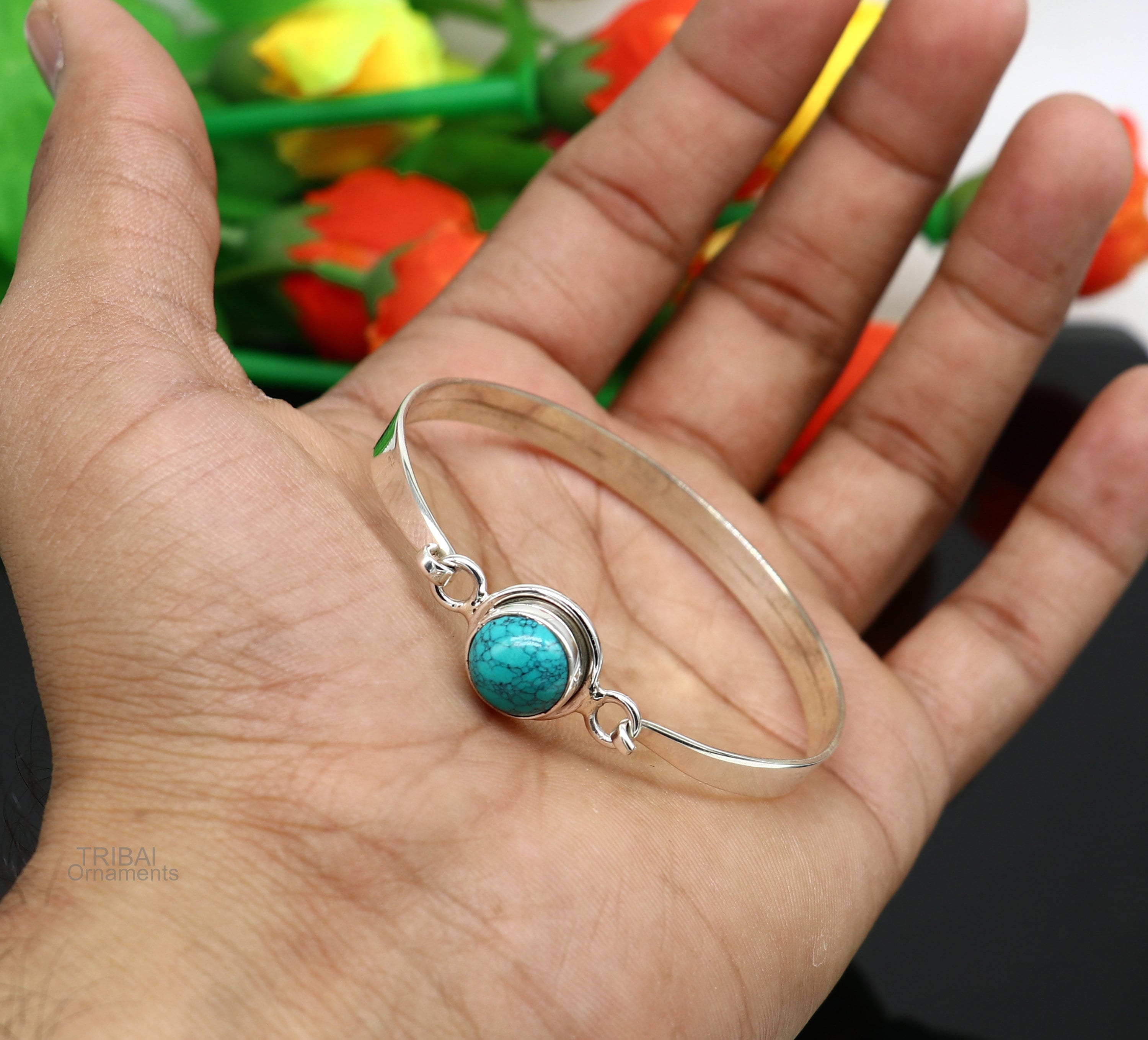 Natural Turquoise Bracelet-Handmade buy Bracelet for Women-925 Sterling Silver Bracelet-Round Turquoise Bracelet-Chritsmas gift for her