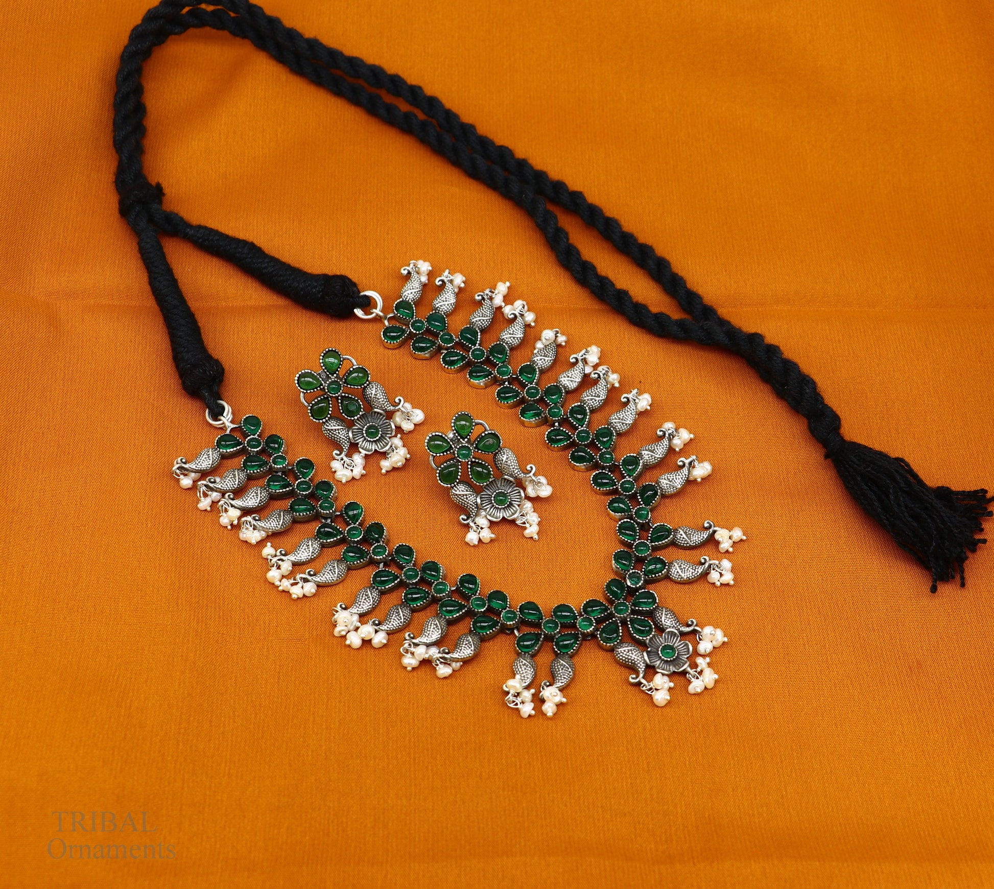925 sterling silver handmade vintage design stylish luxury green stone necklace, best brides belly dance Guttapusalu necklace set277 - TRIBAL ORNAMENTS