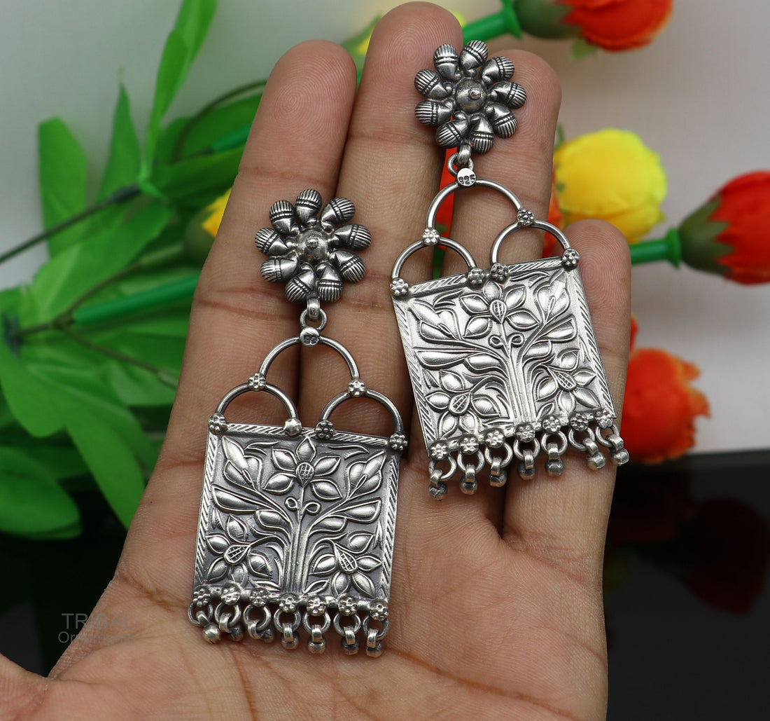 925 sterling silver handmade vintage antique floral design excellent customized stud earring gorgeous hanging drops tribal earrings s961 - TRIBAL ORNAMENTS