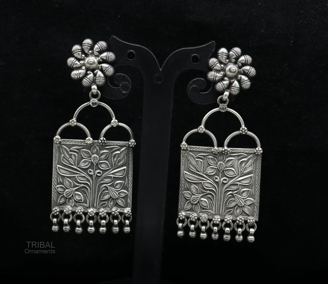 925 sterling silver handmade vintage antique floral design excellent customized stud earring gorgeous hanging drops tribal earrings s961 - TRIBAL ORNAMENTS