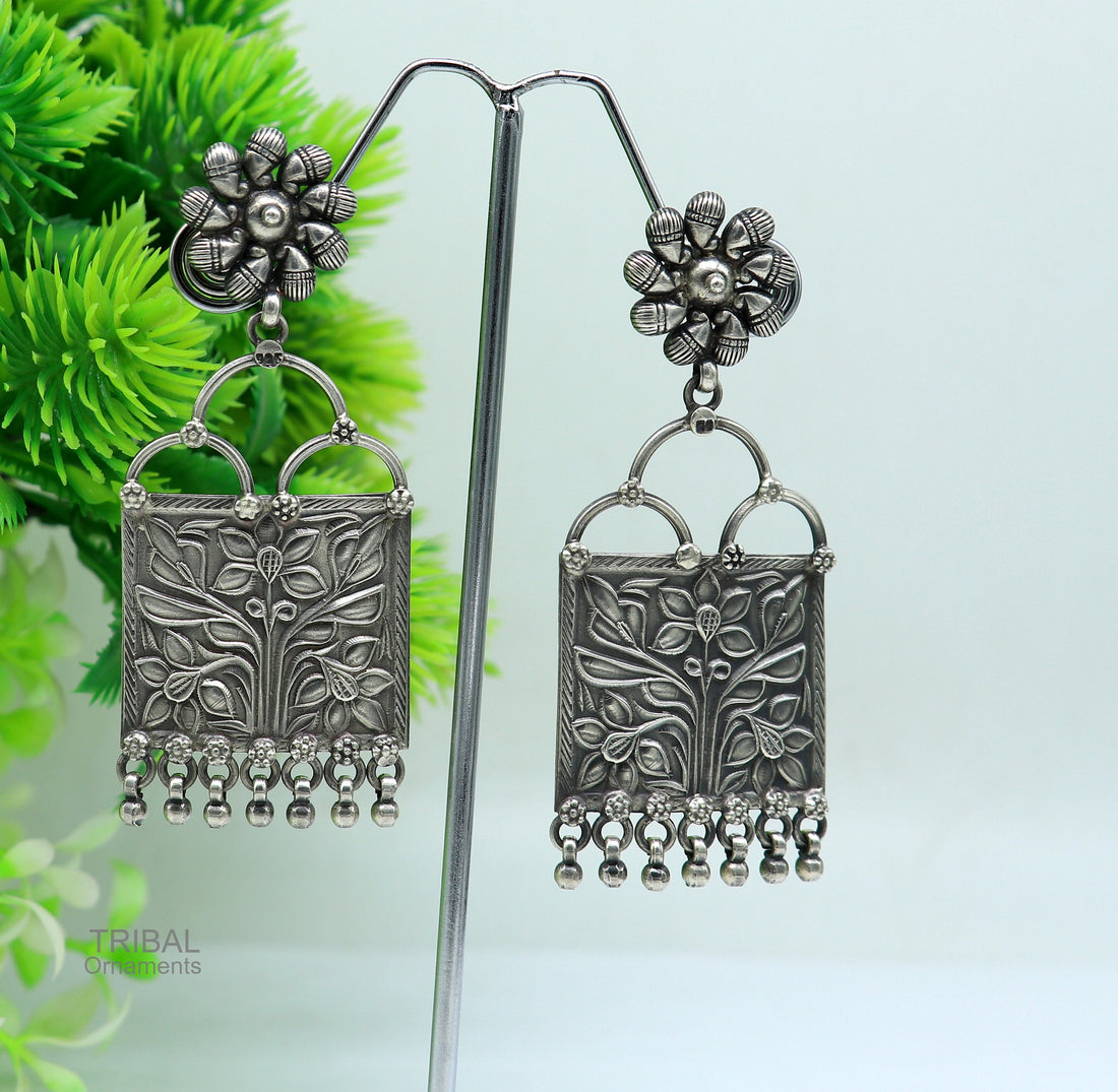 925 sterling silver handmade vintage antique floral design excellent customized stud earring gorgeous hanging drops tribal earrings s961 - TRIBAL ORNAMENTS