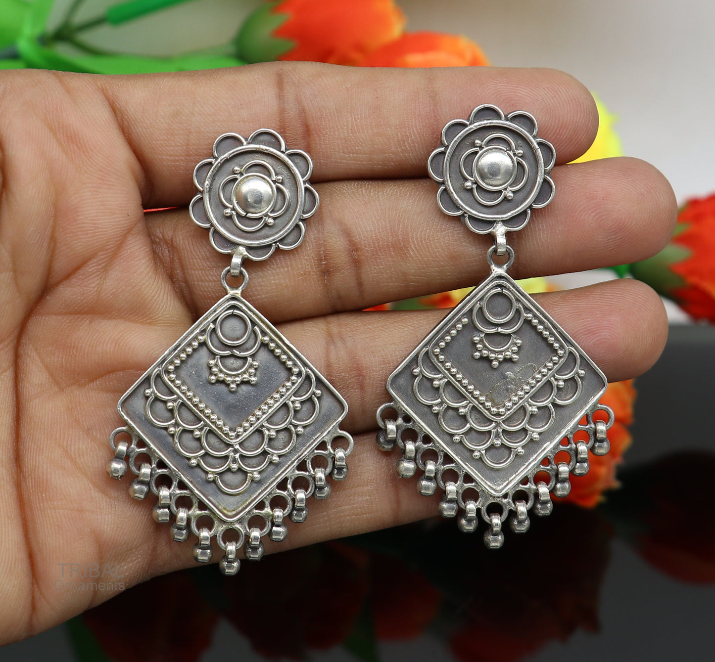 925 sterling silver handmade vintage antique ethnic design customized stud earring gorgeous hanging drops tribal earrings s962 - TRIBAL ORNAMENTS