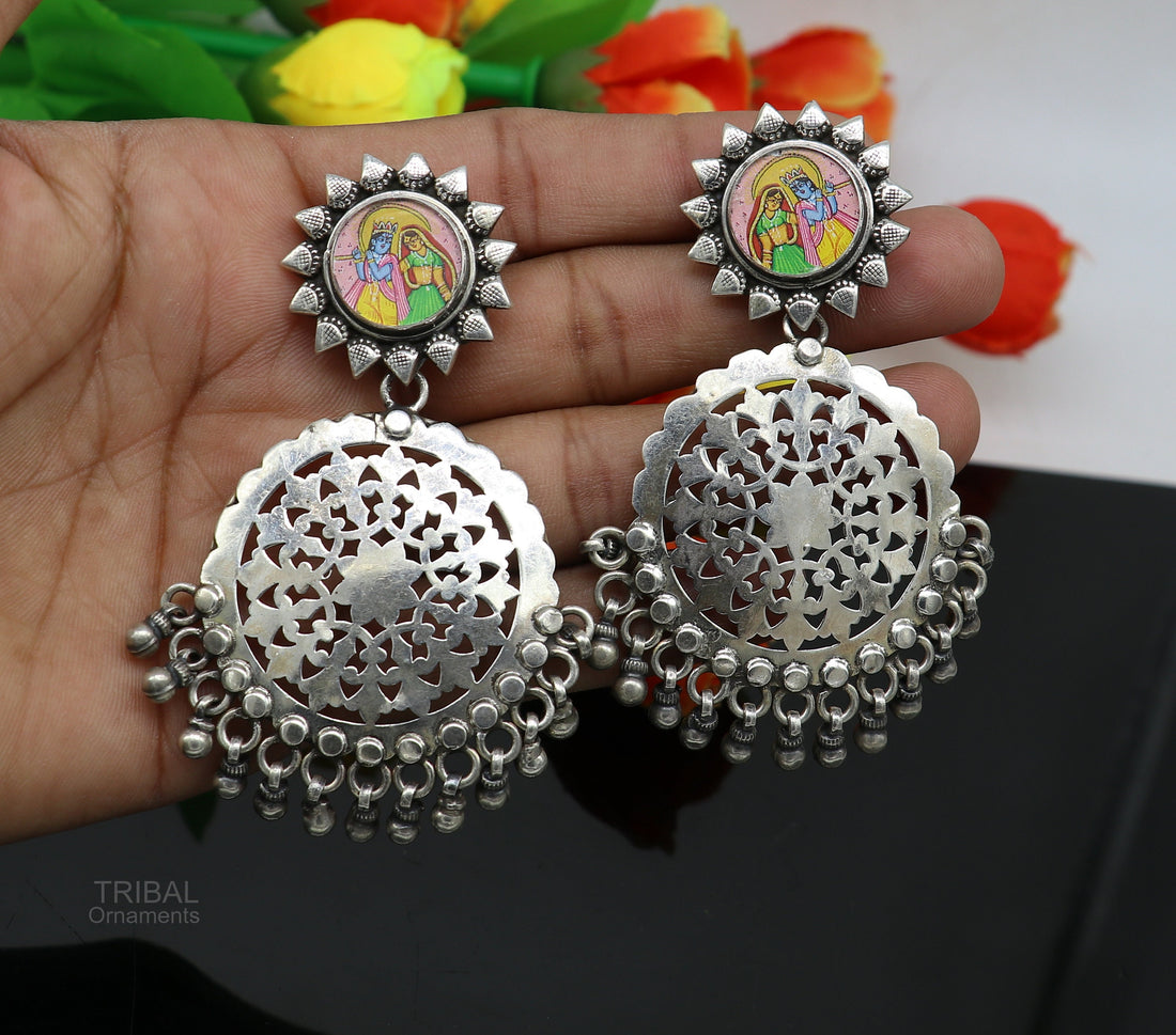 925 sterling silver drop dangle heavy look stud earring with exclusive Radha krishna panting, fabulous unique wedding brides earrings s968 - TRIBAL ORNAMENTS