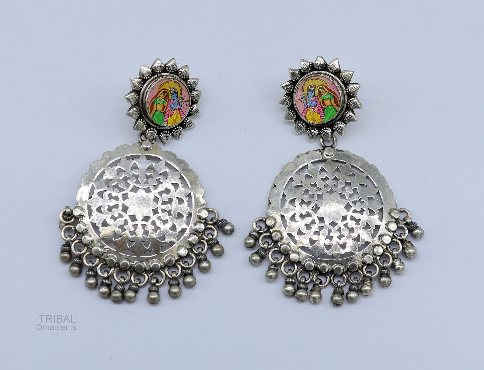 925 sterling silver drop dangle heavy look stud earring with exclusive Radha krishna panting, fabulous unique wedding brides earrings s968 - TRIBAL ORNAMENTS