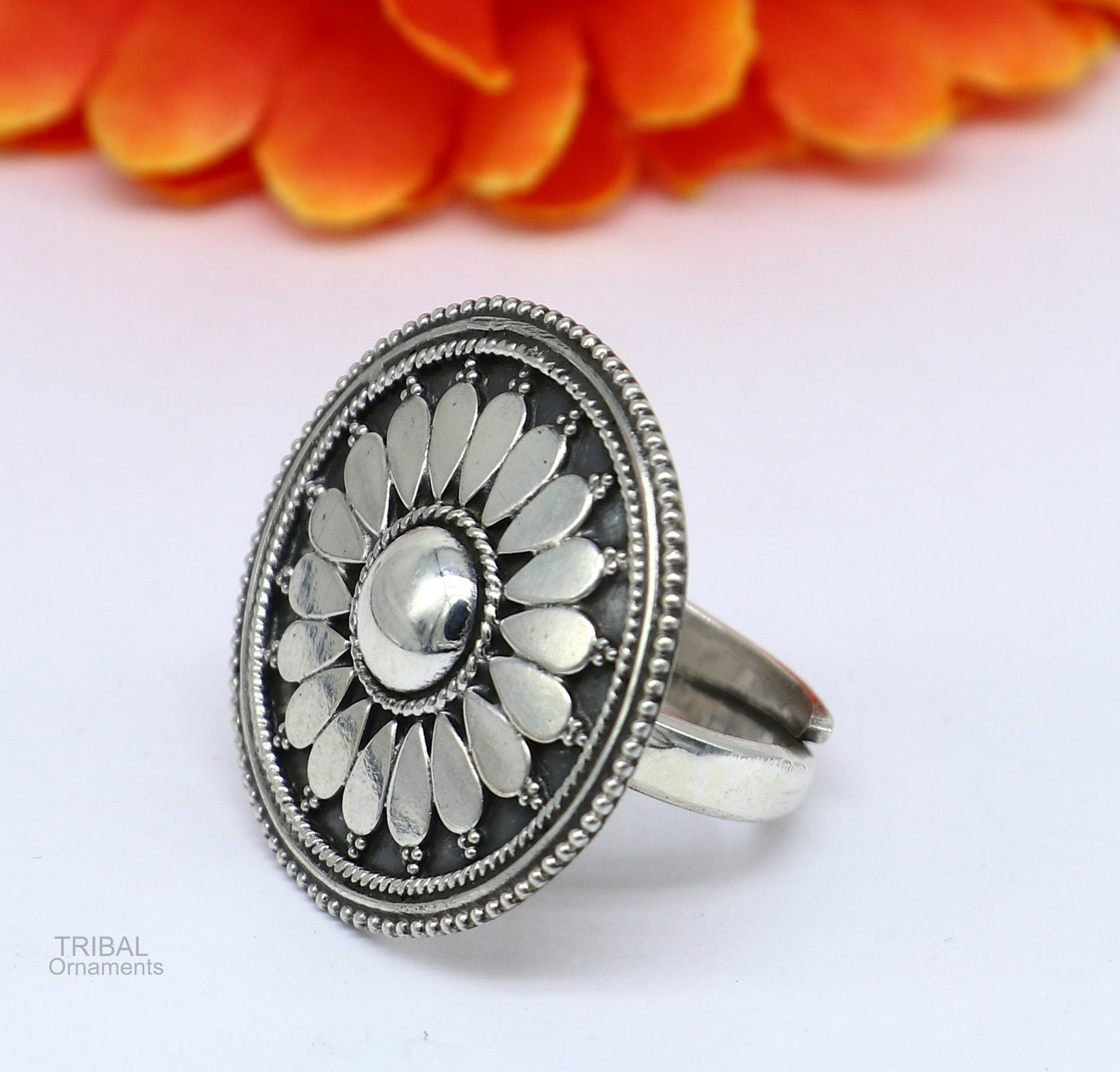 925 sterling silver handmade vintage antique style round rawa work charm ring band, best gifting brides wedding jewelry india sr310 - TRIBAL ORNAMENTS