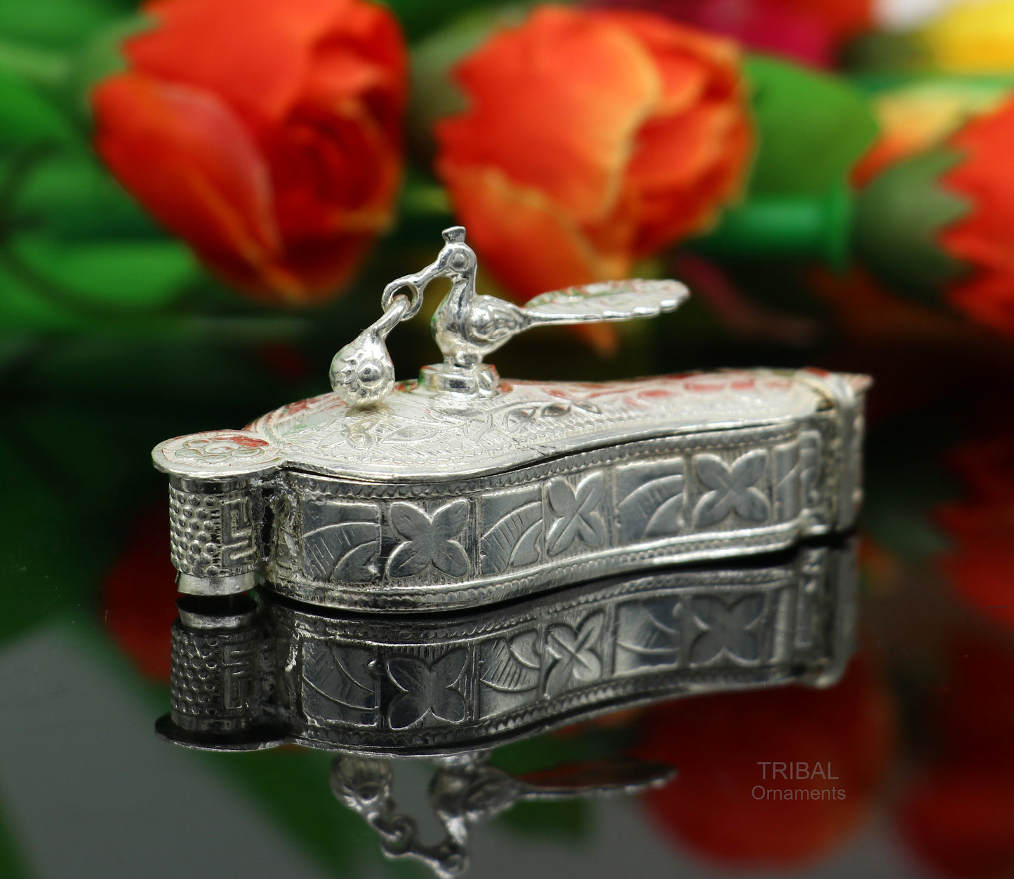 925 sterling silver handmade fabulous unique design peacock trinket box, brides gift, casket box silver article, silver utensils stb323 - TRIBAL ORNAMENTS