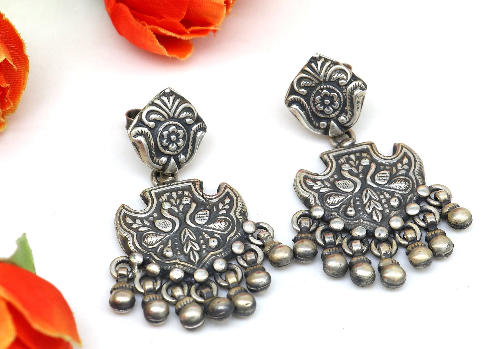 Vintage antique style handmade elegant peacock design hanging tiny drops stud earring, best brides charm jewelry ethnic tribal earring s979 - TRIBAL ORNAMENTS