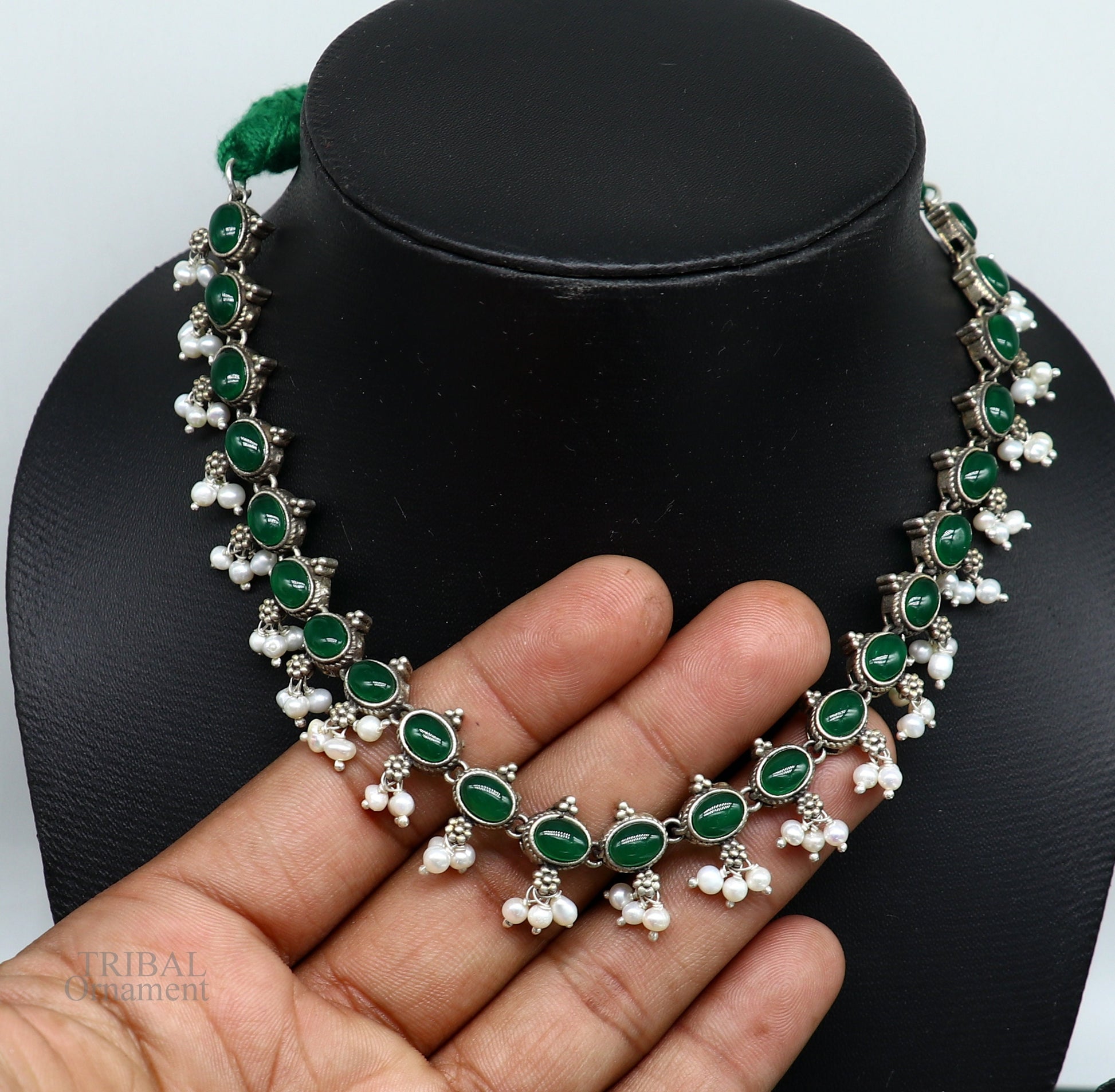 925 sterling silver handmade gorgeous green stone stylish pearl design necklace, wedding brides charm customized wedding jewelry set282 - TRIBAL ORNAMENTS