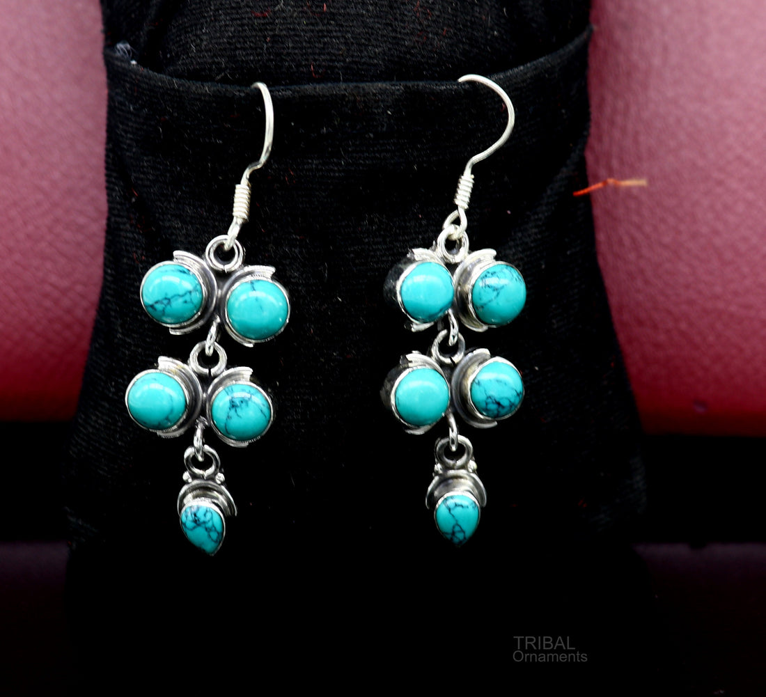 925 sterling silver hoops earring, gorgeous Blue turquoise stone charm earring excellent gifting brides earring party jewelry s992 - TRIBAL ORNAMENTS