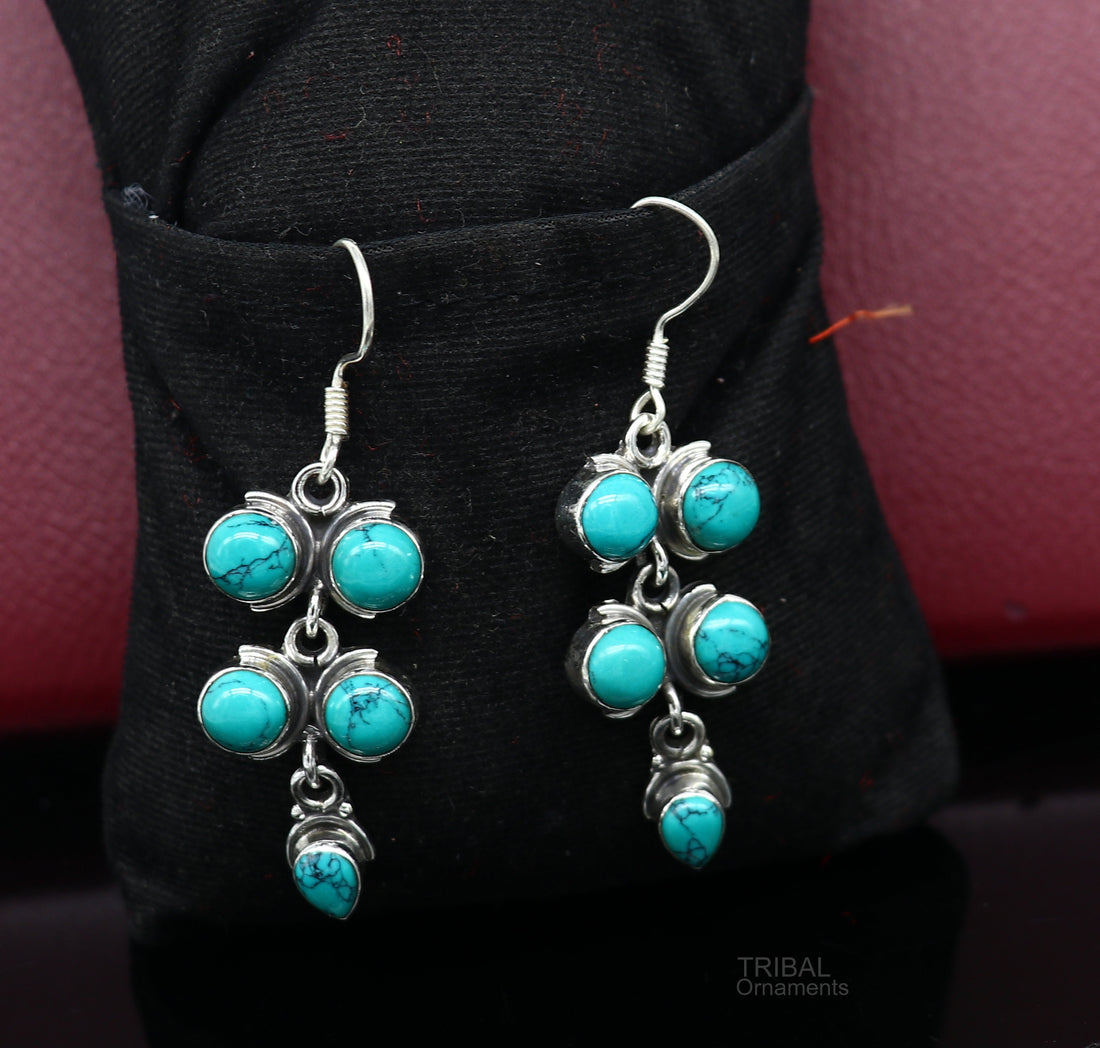 925 sterling silver hoops earring, gorgeous Blue turquoise stone charm earring excellent gifting brides earring party jewelry s992 - TRIBAL ORNAMENTS