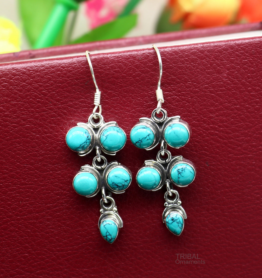 925 sterling silver hoops earring, gorgeous Blue turquoise stone charm earring excellent gifting brides earring party jewelry s992 - TRIBAL ORNAMENTS