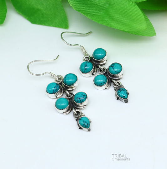 925 sterling silver hoops earring, gorgeous Blue turquoise stone charm earring excellent gifting brides earring party jewelry s992 - TRIBAL ORNAMENTS