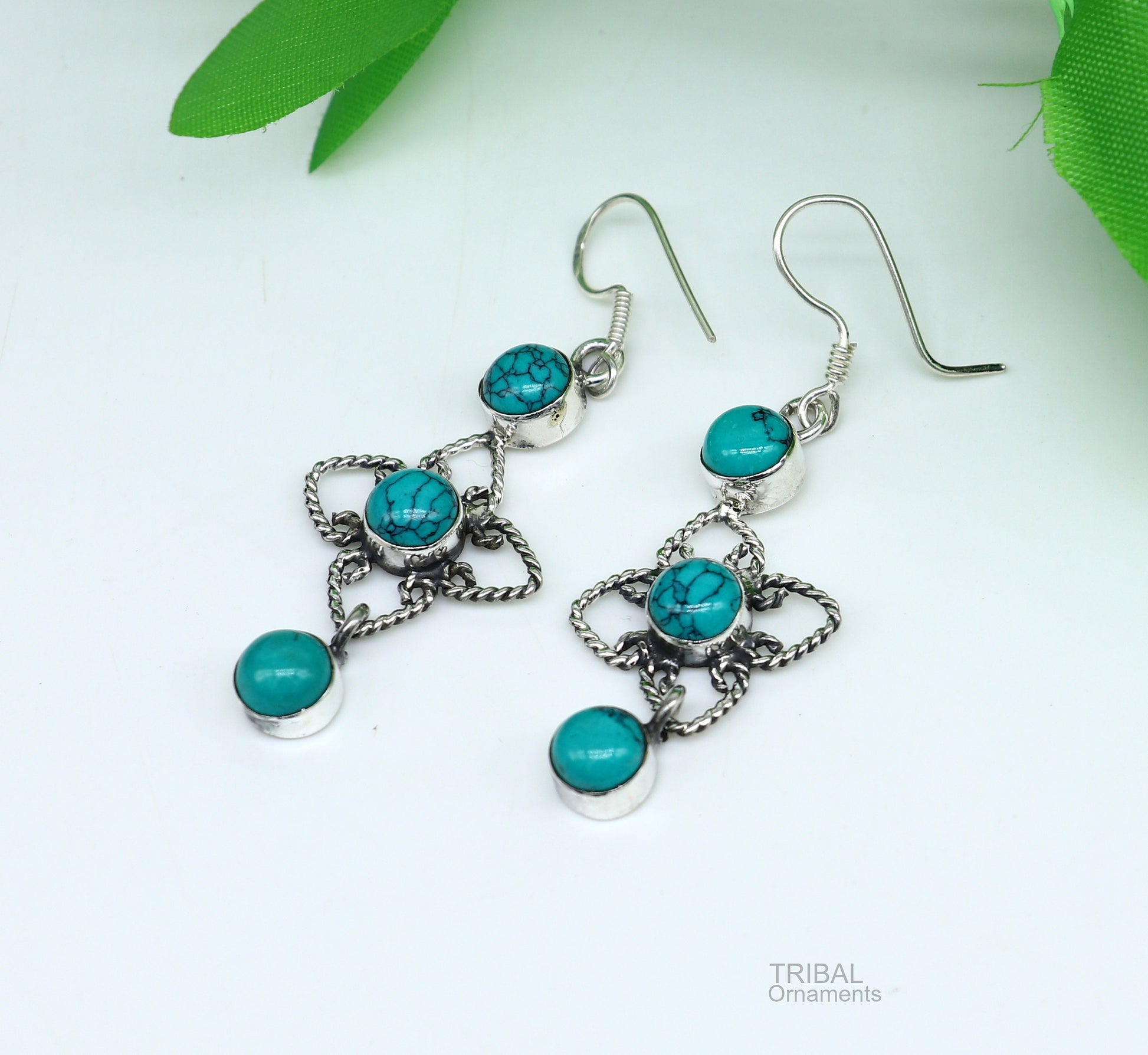 925 sterling silver hoops earring, gorgeous Blue turquoise stone charm earring excellent gifting brides earring party jewelry s993 - TRIBAL ORNAMENTS