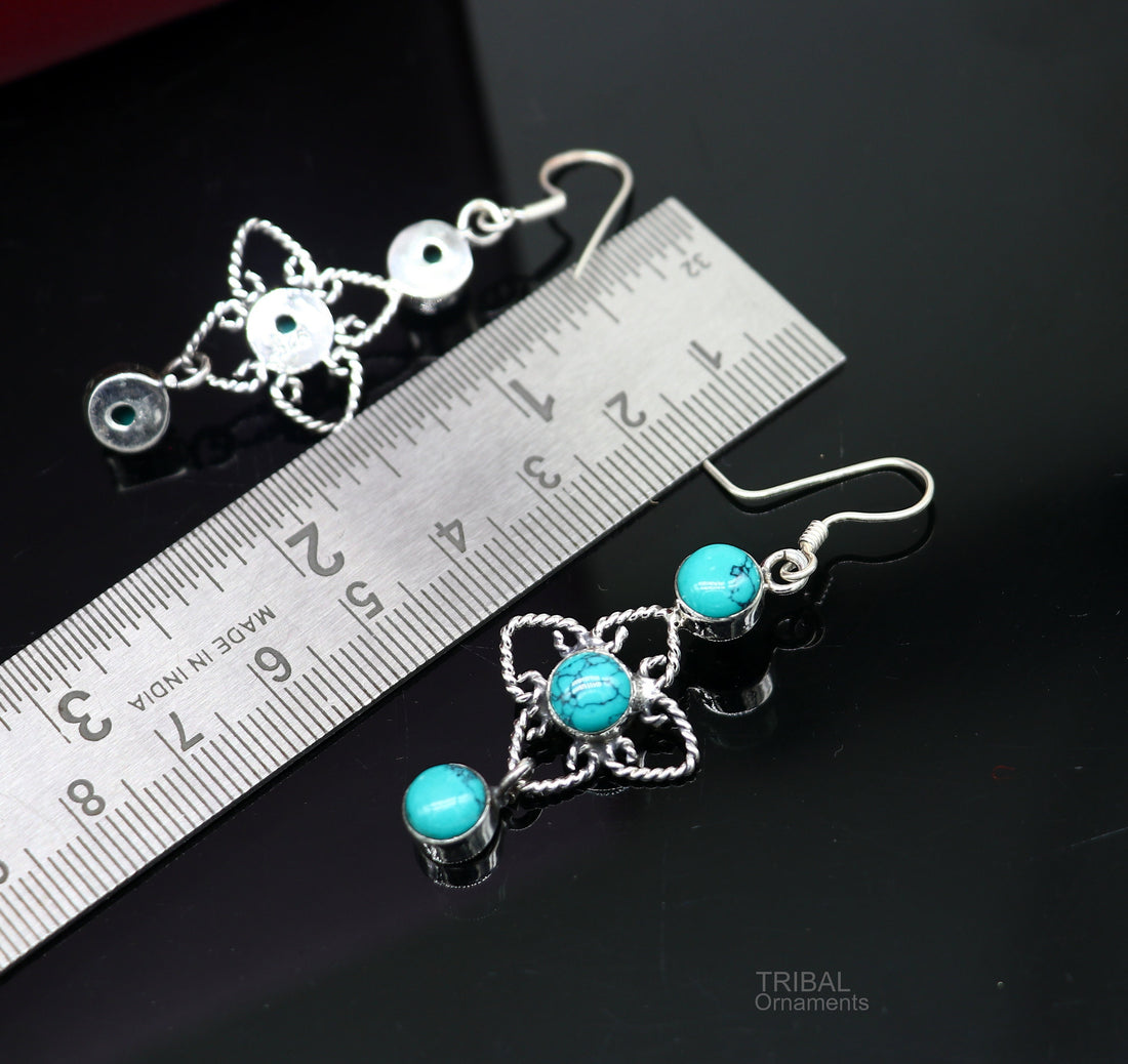 925 sterling silver hoops earring, gorgeous Blue turquoise stone charm earring excellent gifting brides earring party jewelry s993 - TRIBAL ORNAMENTS