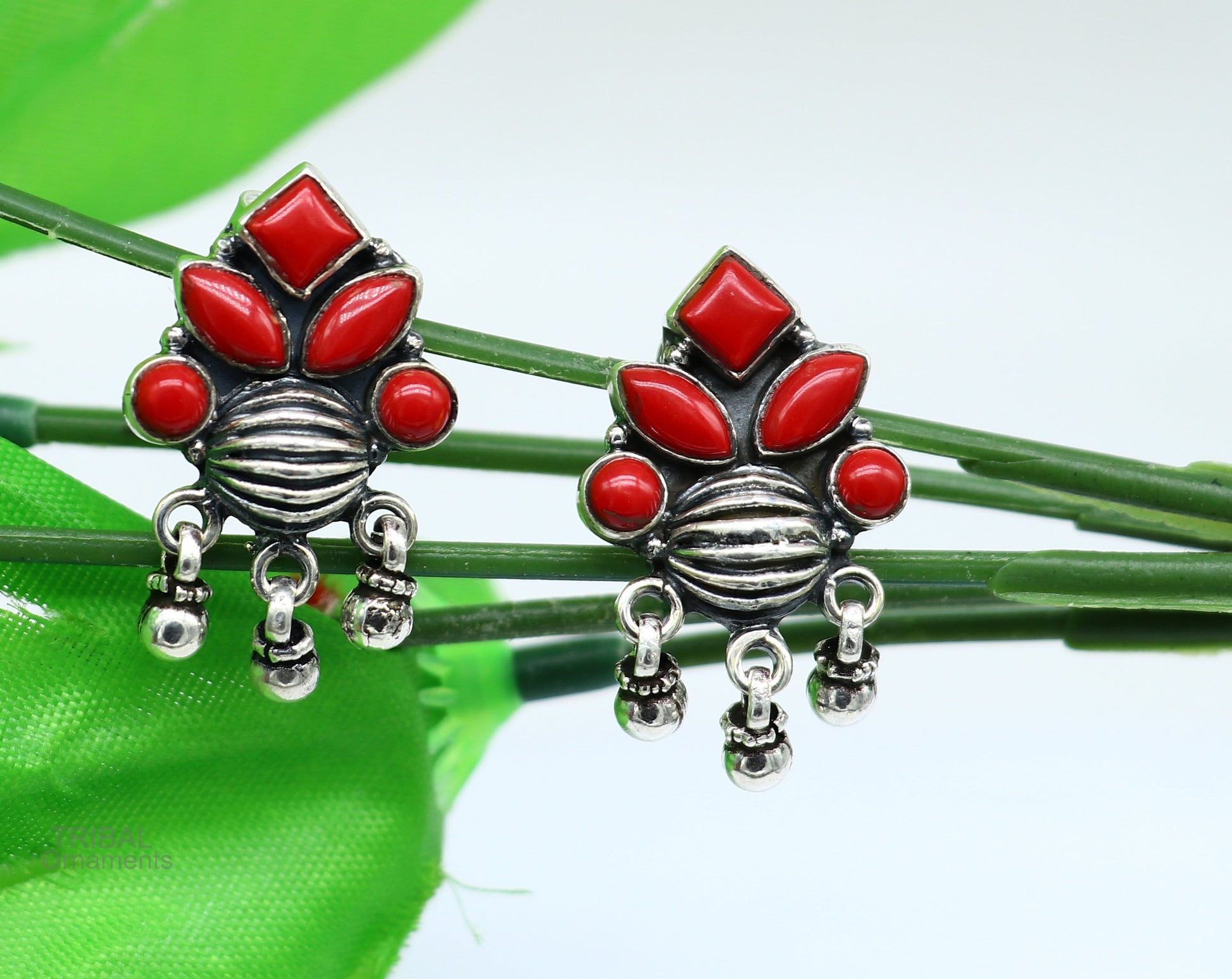 Vintage stylish design customized hanging drops 925 sterling silver stud earring with red coral stone, best bride jewelry s1003 - TRIBAL ORNAMENTS