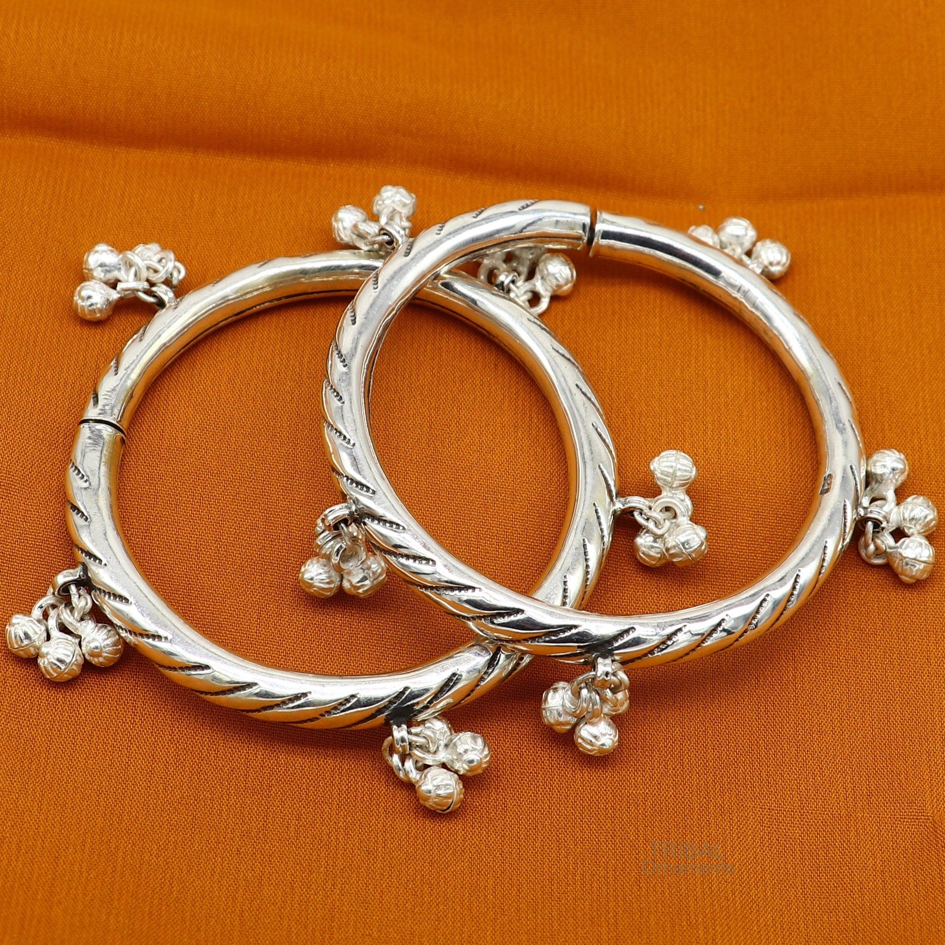 925 sterling silver handmade amazing jingling bells traditional indian kada bangle bracelet jewelry, stylish brides ethnic jewelry  ba138 - TRIBAL ORNAMENTS