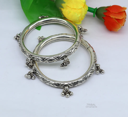 925 sterling silver handmade amazing hanging drops traditional indian kada bangle bracelet jewelry, stylish brides ethnic jewelry ba139 - TRIBAL ORNAMENTS