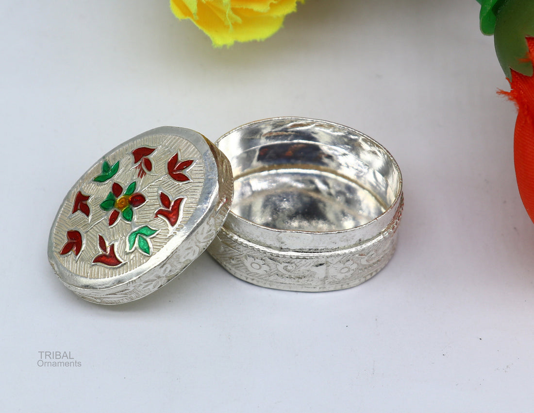 Exclusive oval shape trinket box, sindur kumkum box, brides eye kajal box, 925 sterling silver handmade girls article silver jewelry stb330 - TRIBAL ORNAMENTS