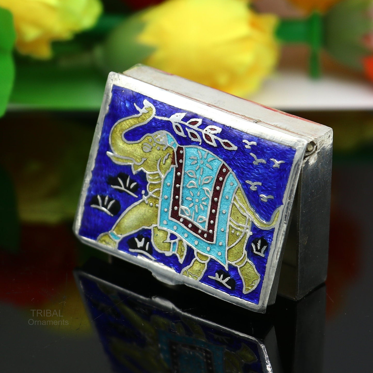 925 Sterling silver handmade trinket box, solid container box, casket box, sindoor box, enamel elephant work customized gifting box stb333 - TRIBAL ORNAMENTS