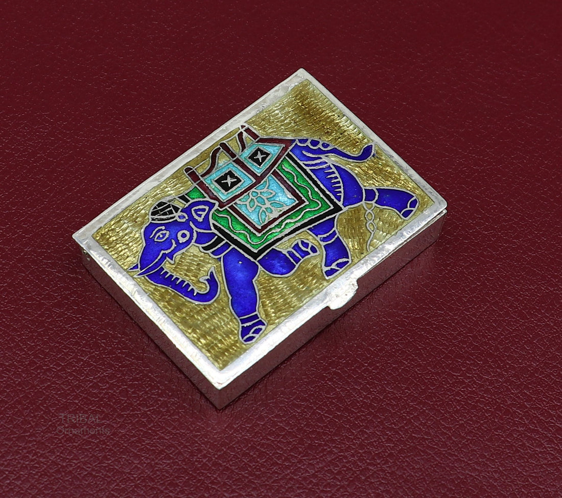 925 Sterling silver handmade trinket box, solid container box, casket box, sindoor box, enamel elephant work customized gifting box stb335 - TRIBAL ORNAMENTS