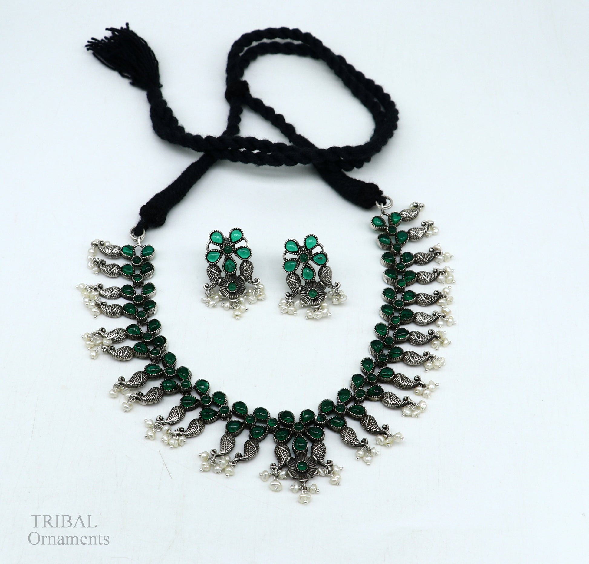 925 sterling silver handmade vintage design stylish luxury green stone necklace, best brides belly dance Guttapusalu necklace set277 - TRIBAL ORNAMENTS