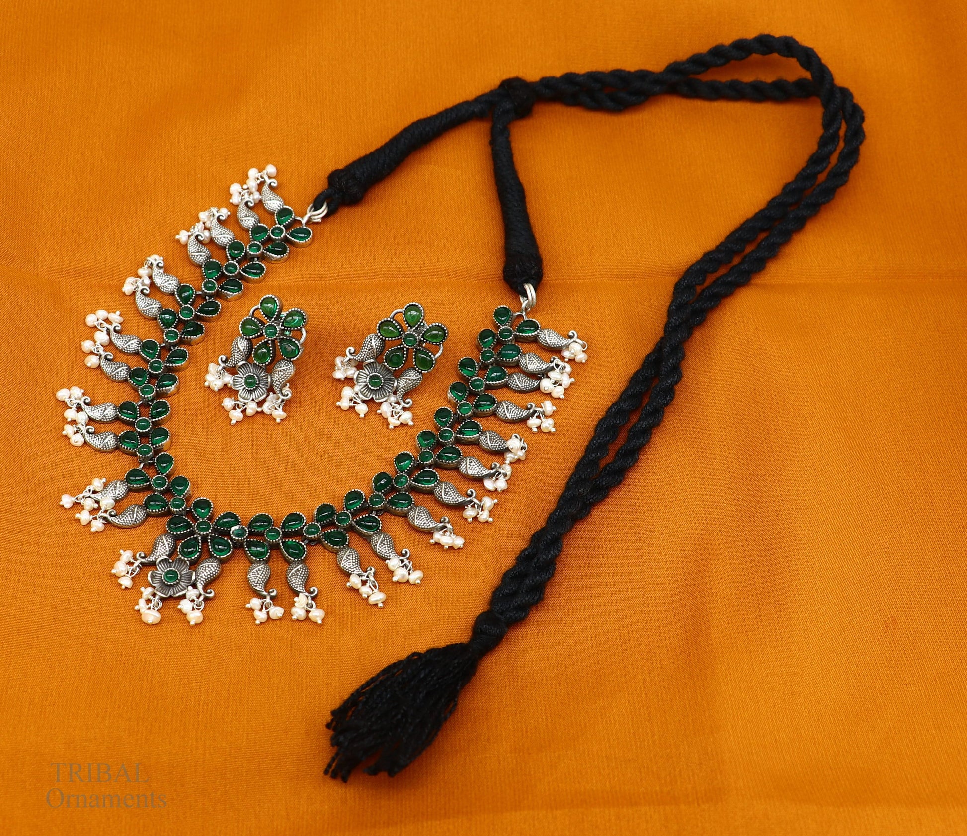 925 sterling silver handmade vintage design stylish luxury green stone necklace, best brides belly dance Guttapusalu necklace set277 - TRIBAL ORNAMENTS