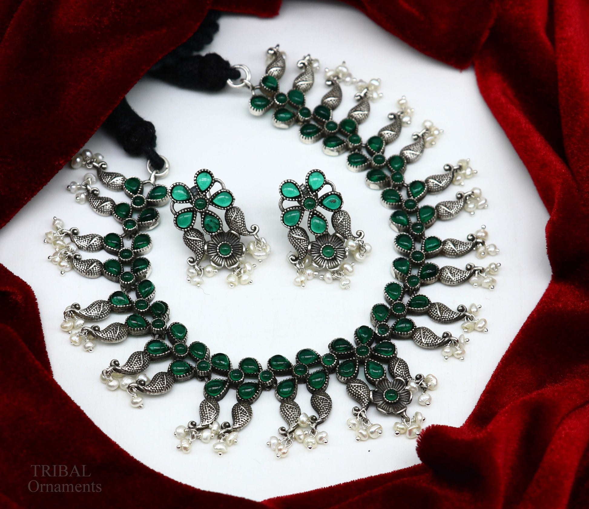 925 sterling silver handmade vintage design stylish luxury green stone necklace, best brides belly dance Guttapusalu necklace set277 - TRIBAL ORNAMENTS