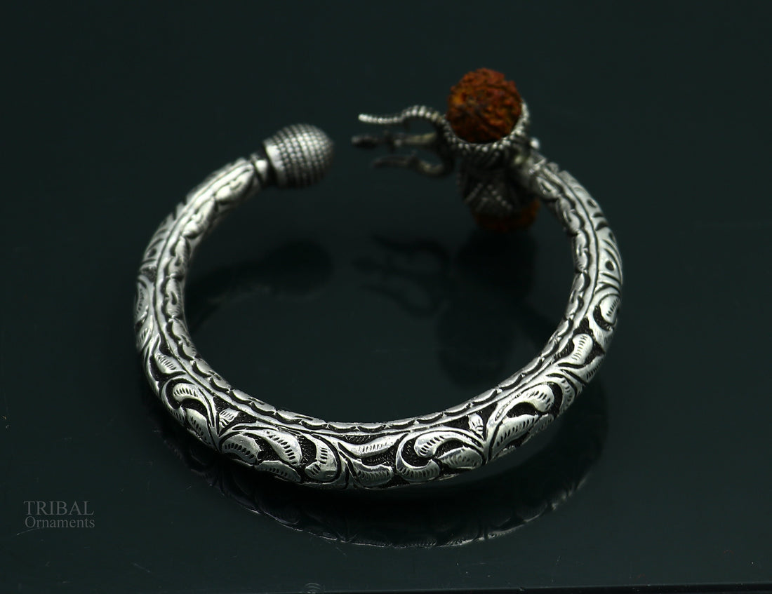 925 Sterling silver handmade chitai work Lord Shiva trident trishul kada bangle bracelet with natural Rudraksha customized kada nsk422 - TRIBAL ORNAMENTS