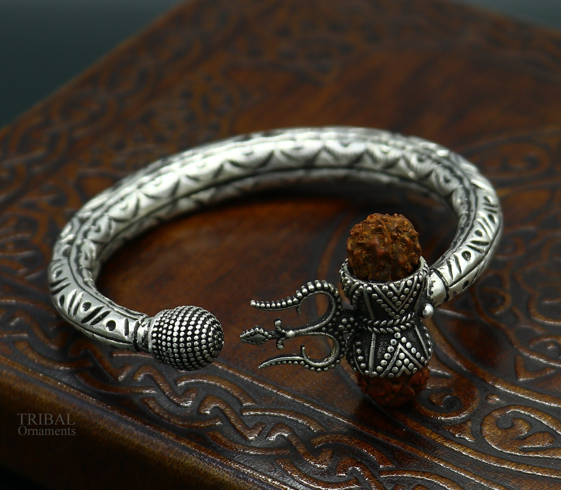 925 Sterling silver handmade chitai work Lord Shiva trident trishul kada bangle bracelet with natural Rudraksha customized kada nsk422 - TRIBAL ORNAMENTS