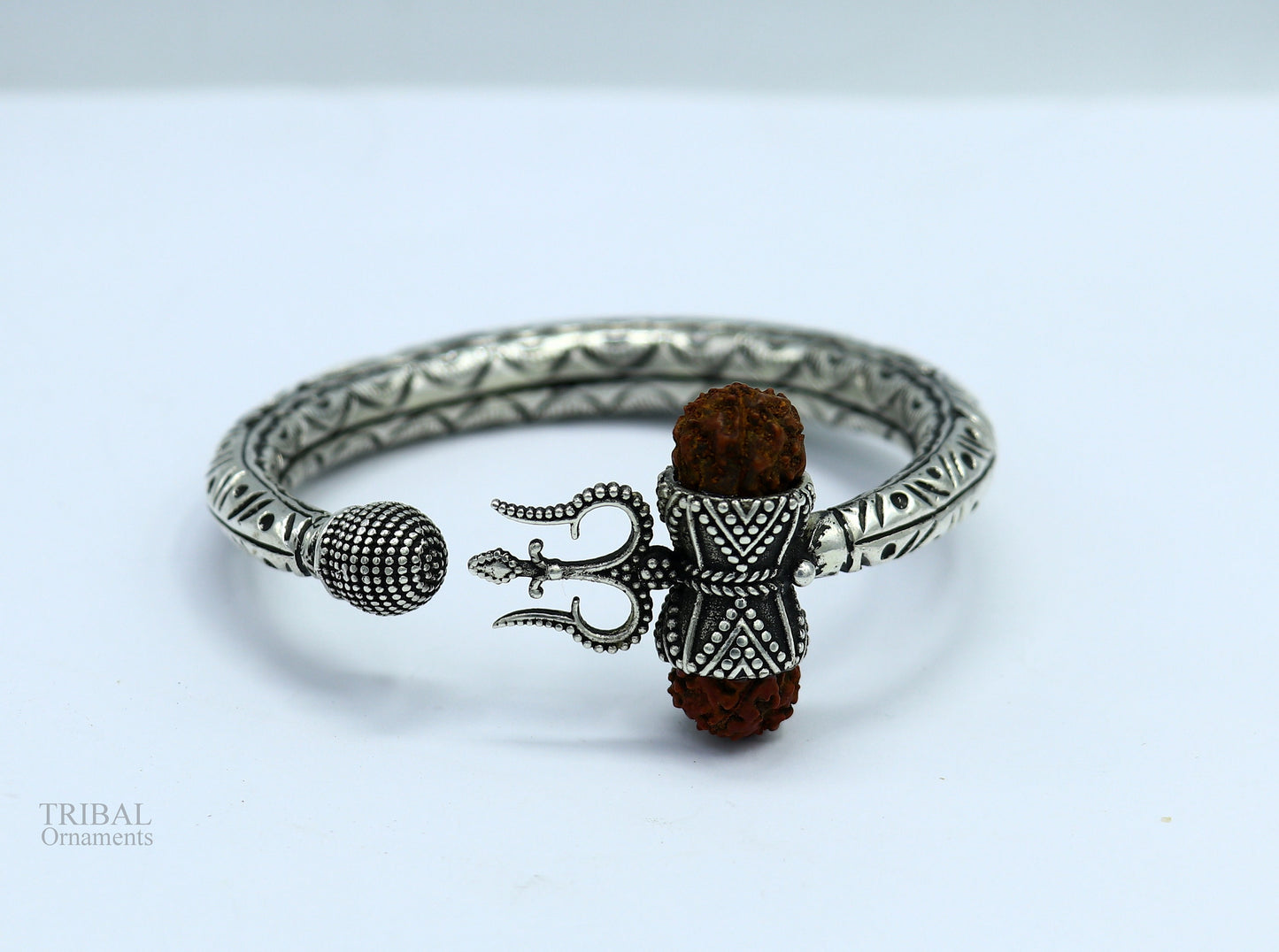 925 Sterling silver handmade chitai work Lord Shiva trident trishul kada bangle bracelet with natural Rudraksha customized kada nsk422 - TRIBAL ORNAMENTS