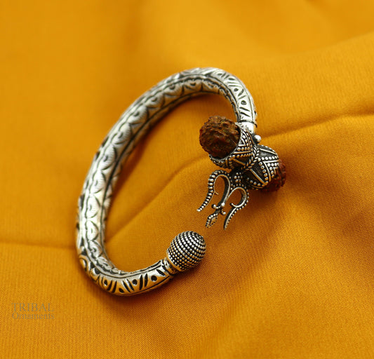 925 Sterling silver handmade chitai work Lord Shiva trident trishul kada bangle bracelet with natural Rudraksha customized kada nsk422 - TRIBAL ORNAMENTS