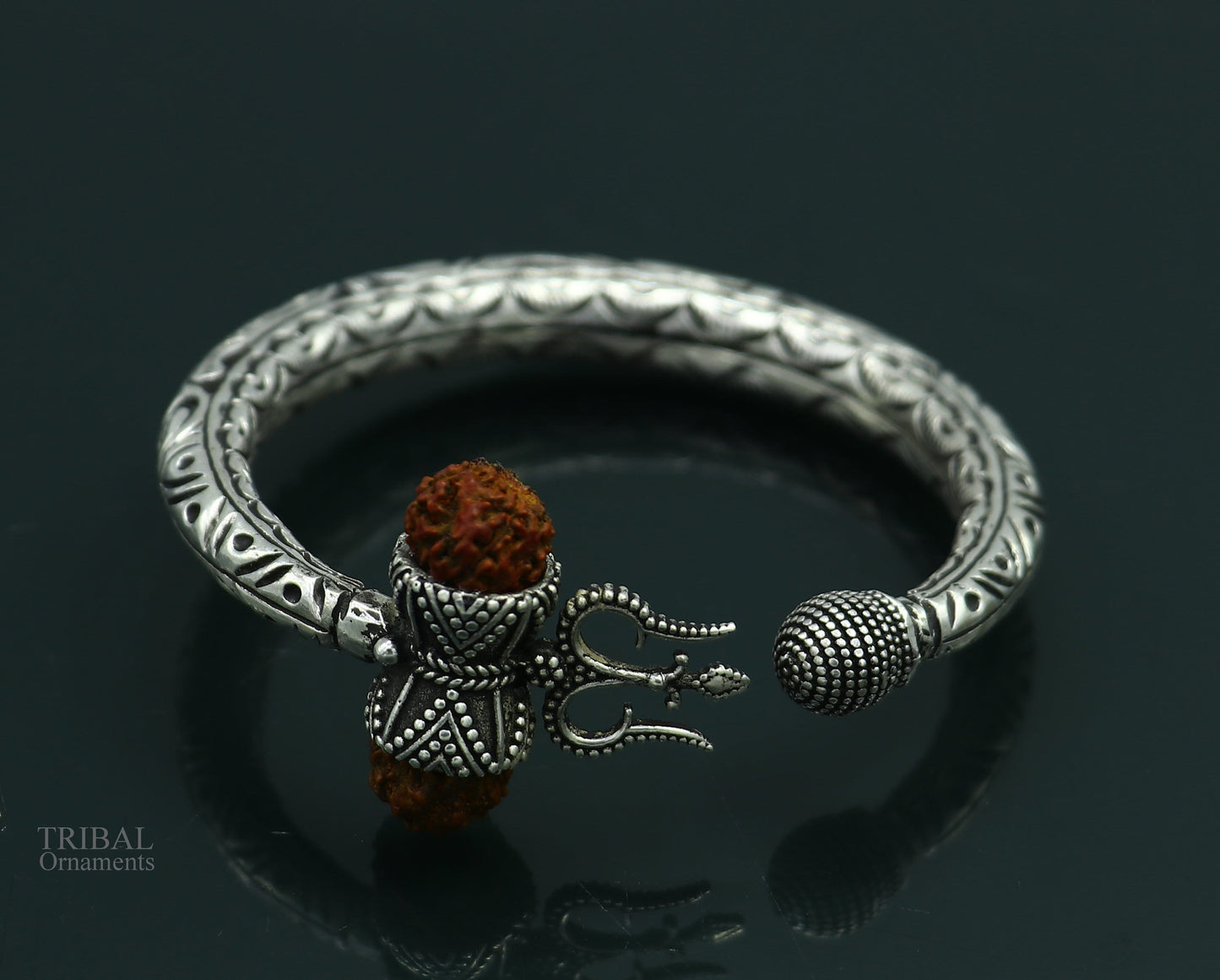 925 Sterling silver handmade chitai work Lord Shiva trident trishul kada bangle bracelet with natural Rudraksha customized kada nsk422 - TRIBAL ORNAMENTS