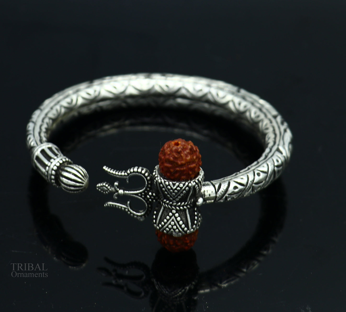 925 Sterling silver handmade chitai work Lord Shiva trident trishul kada bangle bracelet with Rudraksha beads customized kada bangle nsk423 - TRIBAL ORNAMENTS