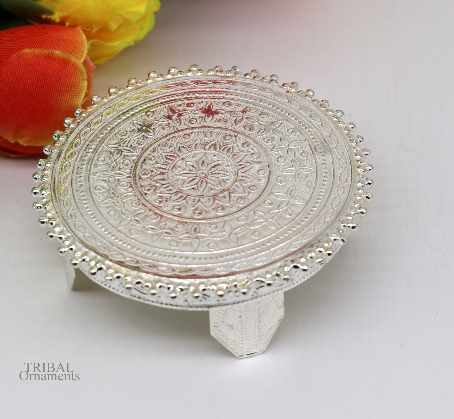 7 cm Vintage design Sterling silver handmade stunning small round shape table/bazot/chouki, excellent home puja utensils temple art su638 - TRIBAL ORNAMENTS