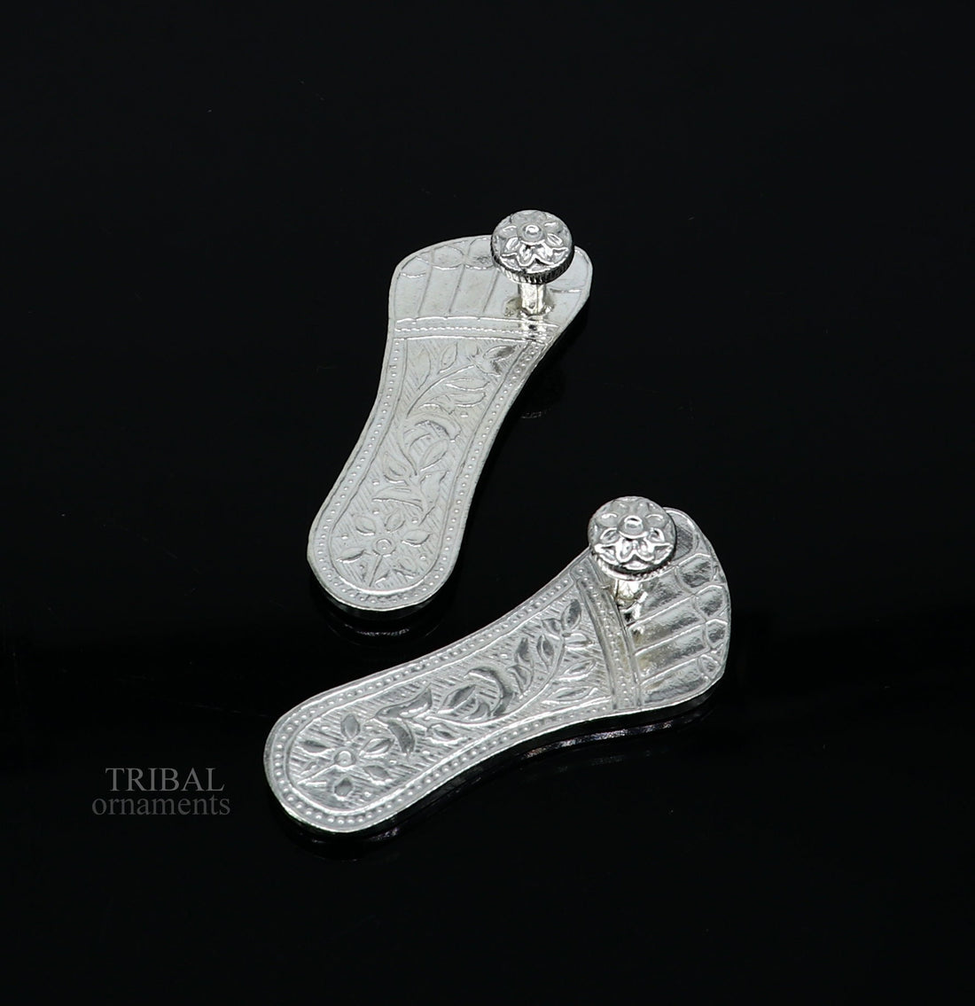 2.3" sterling silver handmade Charan paduka or slippers for idol krishna, laddu gopala, little krishna or Vshnu Narayana puja art su642 - TRIBAL ORNAMENTS