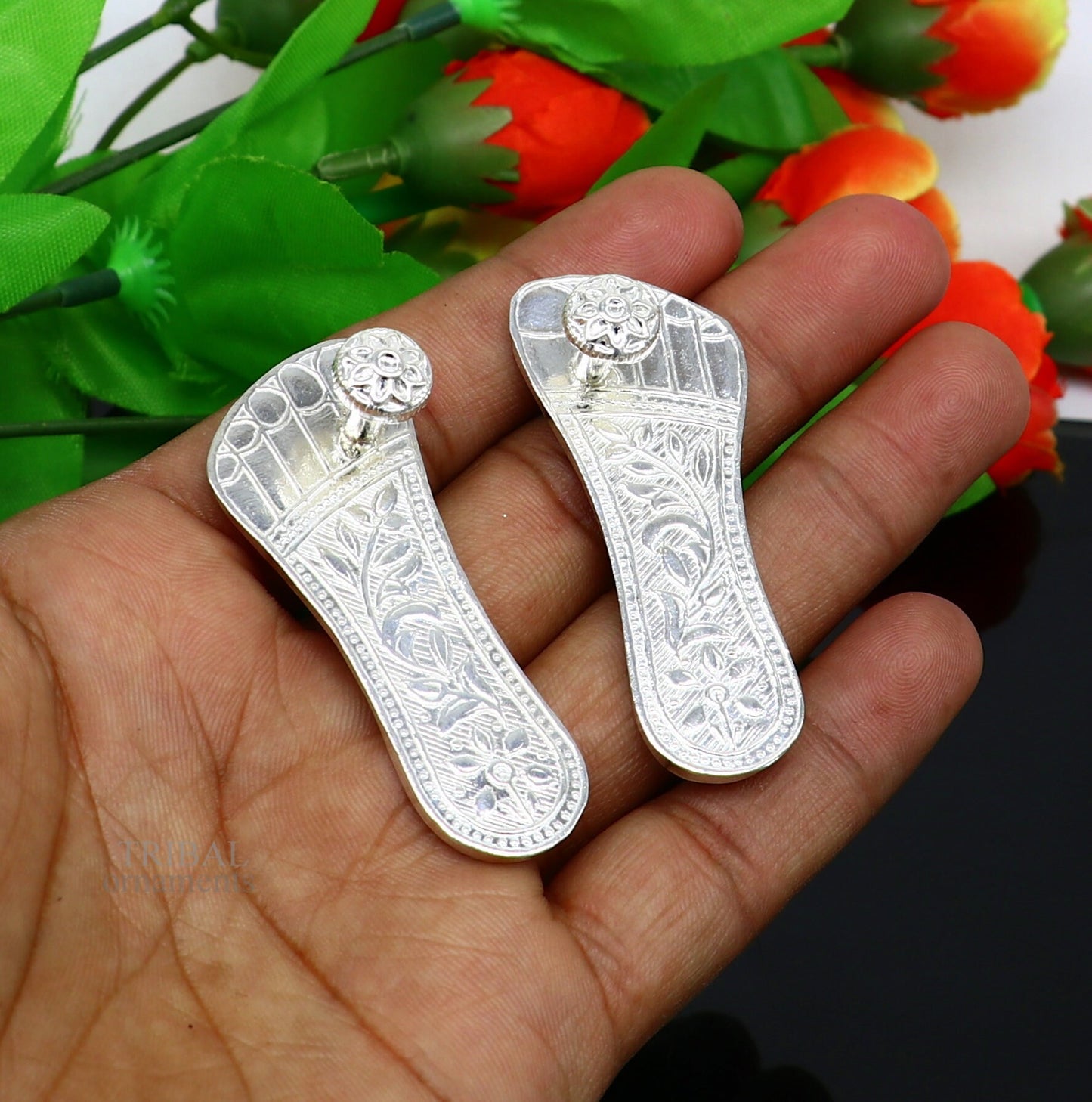 2.3" sterling silver handmade Charan paduka or slippers for idol krishna, laddu gopala, little krishna or Vshnu Narayana puja art su642 - TRIBAL ORNAMENTS