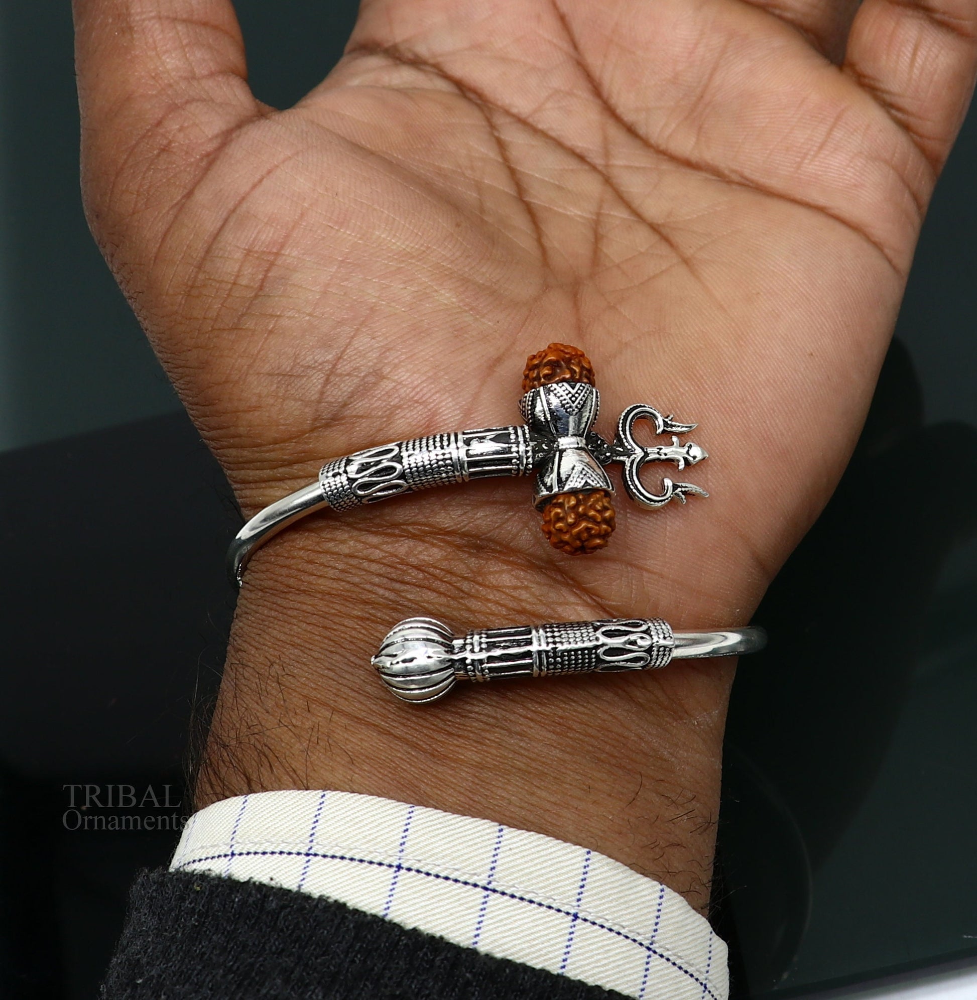 925 sterling silver handmade Shiva Trishul bangle bracelet Rudraksha kada, excellent Bahubali trident kada bracelet gift nsk427 - TRIBAL ORNAMENTS