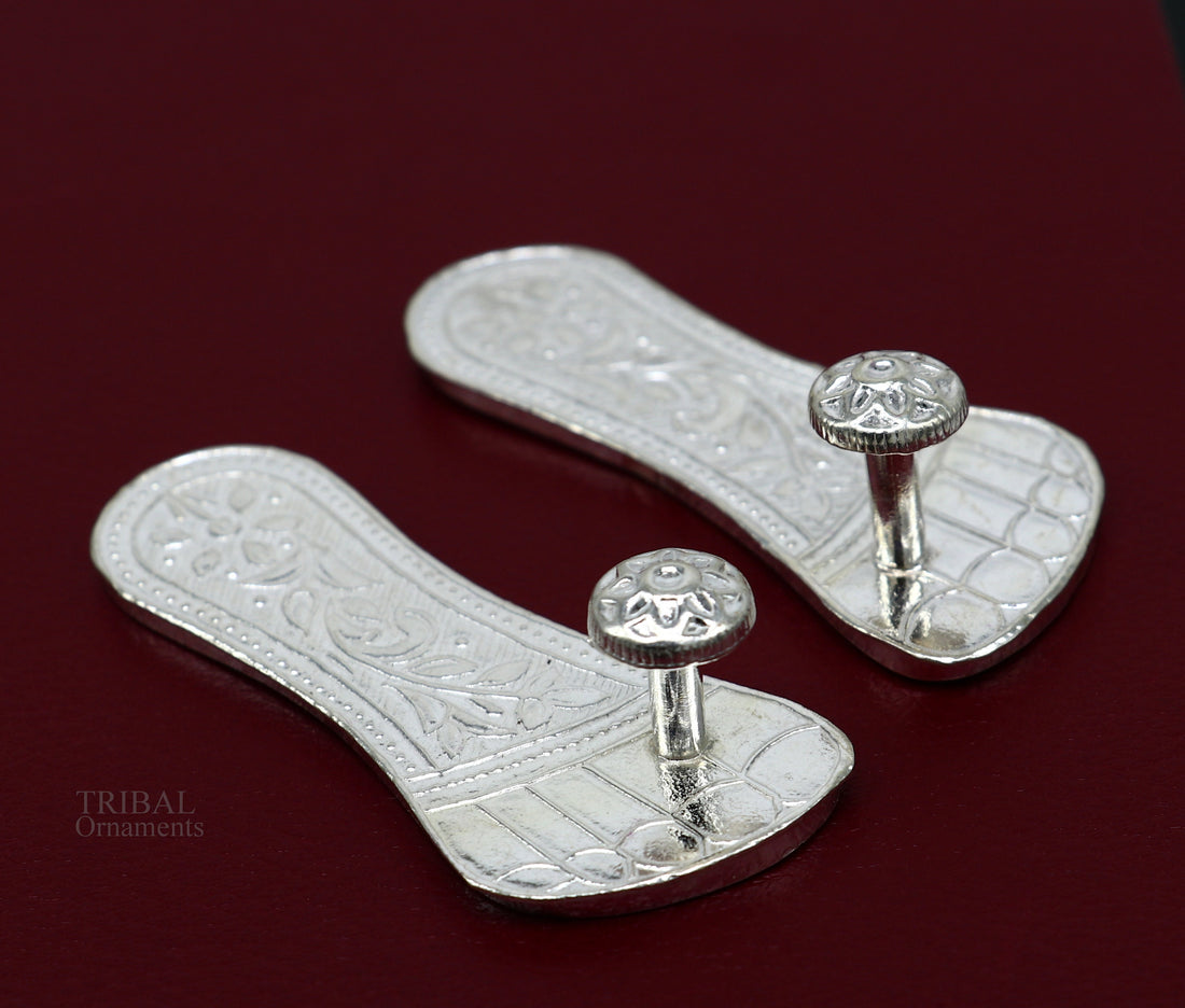 2.5" sterling silver handmade Charan paduka or slippers for idol krishna, laddu gopala, little krishna or Vshnu Narayana puja art su645 - TRIBAL ORNAMENTS