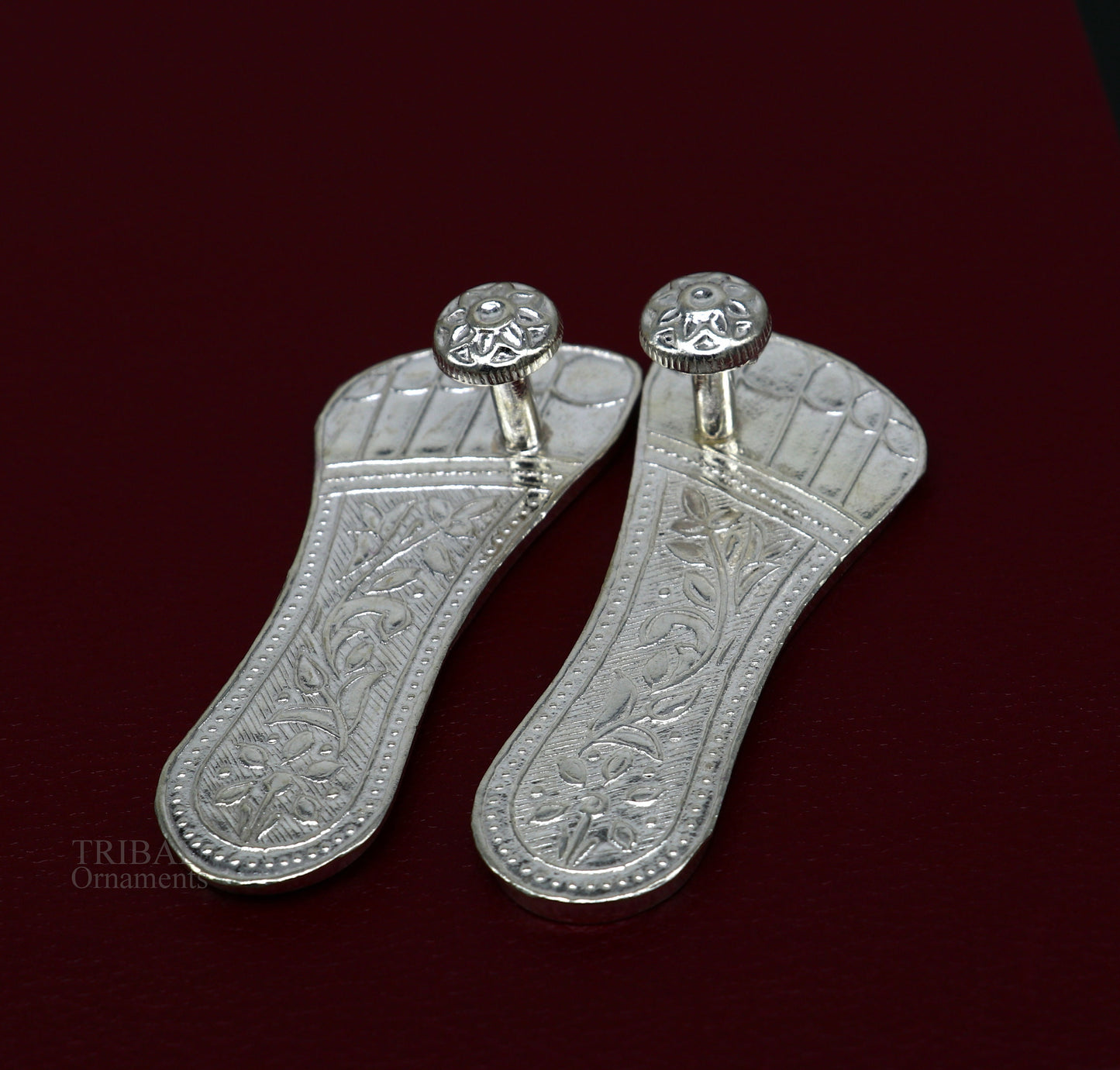 2.5" sterling silver handmade Charan paduka or slippers for idol krishna, laddu gopala, little krishna or Vshnu Narayana puja art su645 - TRIBAL ORNAMENTS