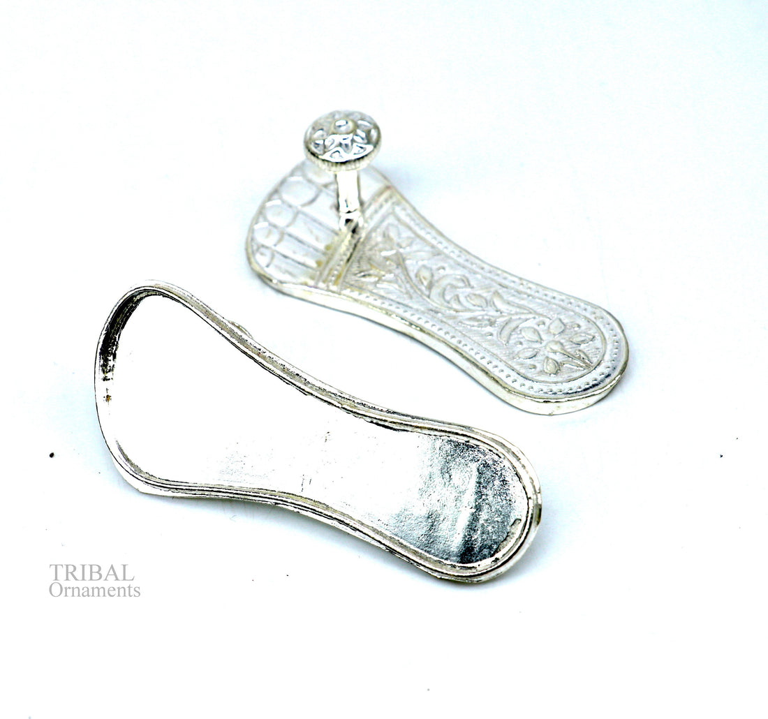 2.5" sterling silver handmade Charan paduka or slippers for idol krishna, laddu gopala, little krishna or Vshnu Narayana puja art su645 - TRIBAL ORNAMENTS