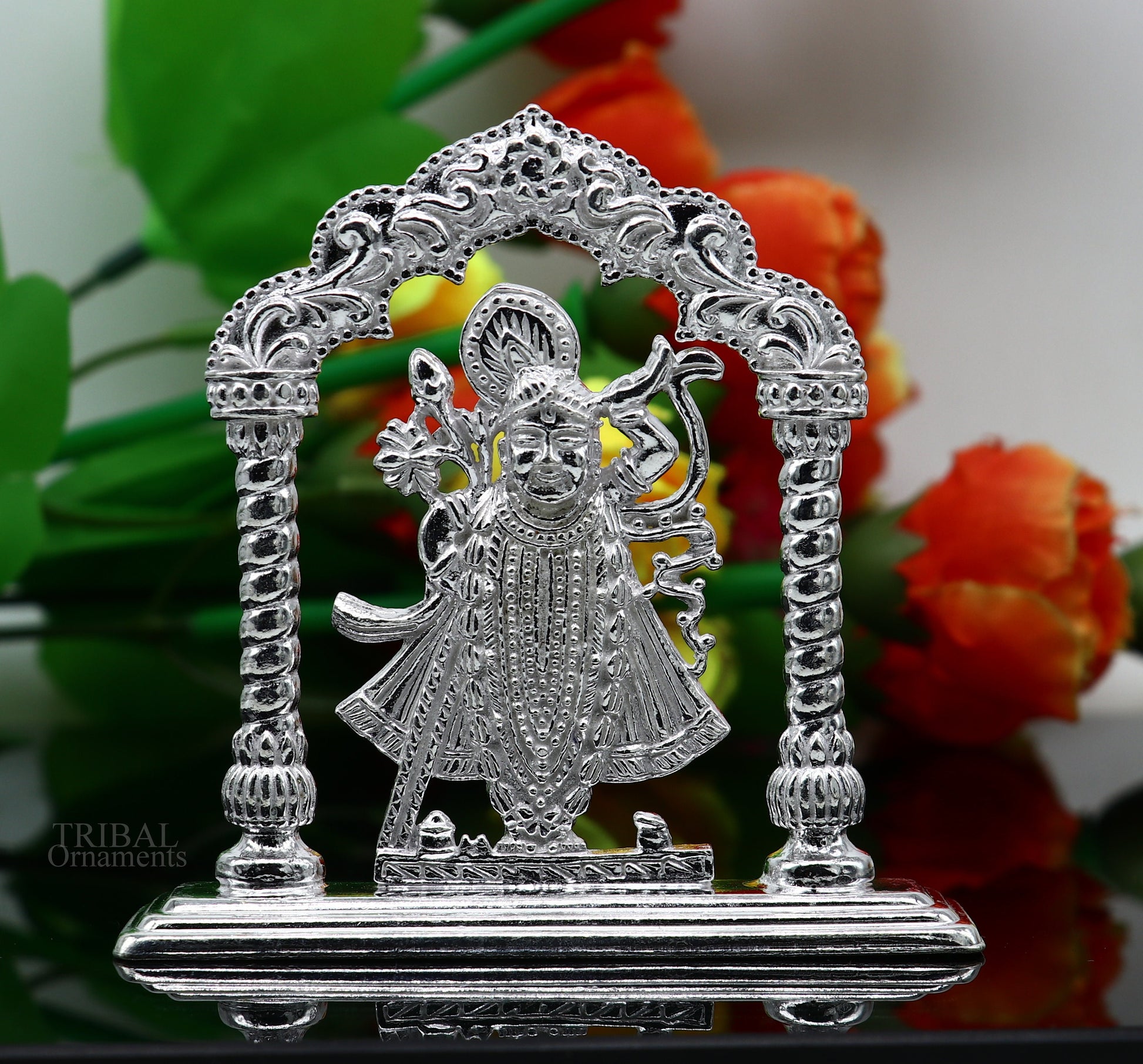 Sterling silver handmade design Indian Idols Lord krishna Shrinathji statue figurine, puja articles decorative gift diwali puja art448 - TRIBAL ORNAMENTS