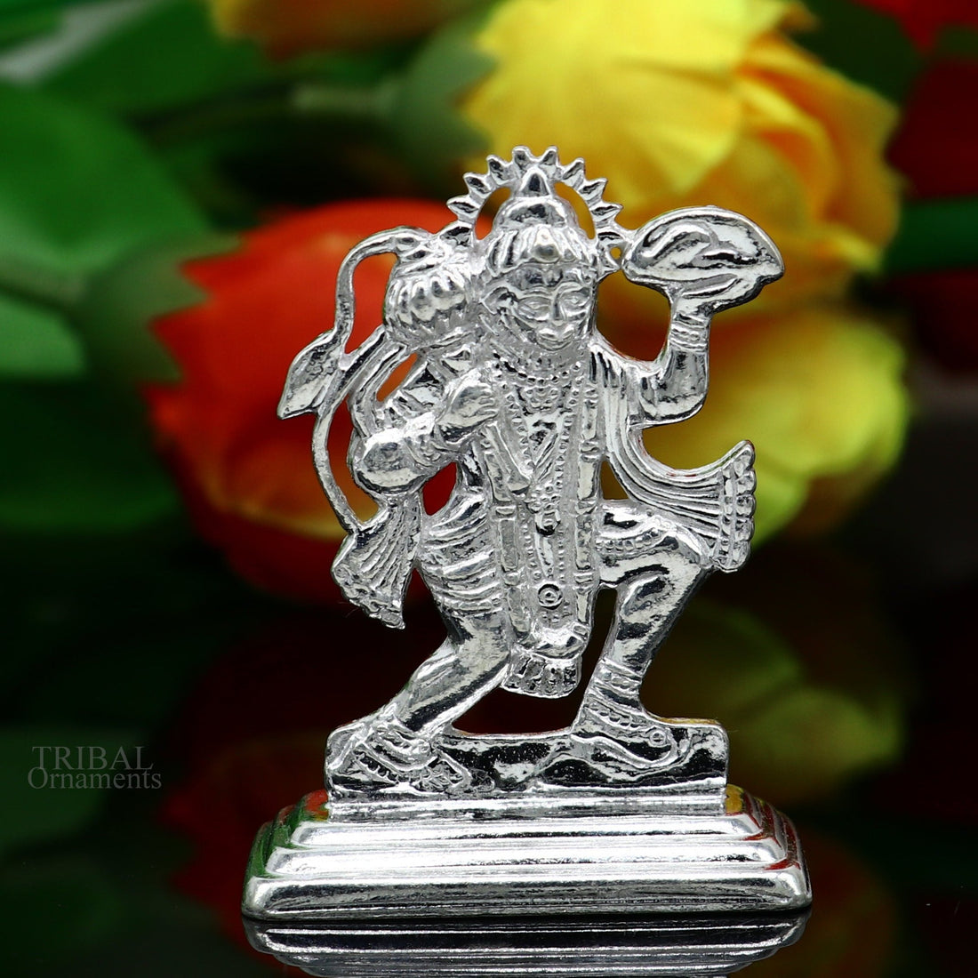 Sterling silver handmade Idols Lord Hanumaan BajaranBali flying with mountain statue figurine, puja articles decorative gift puja art485 - TRIBAL ORNAMENTS