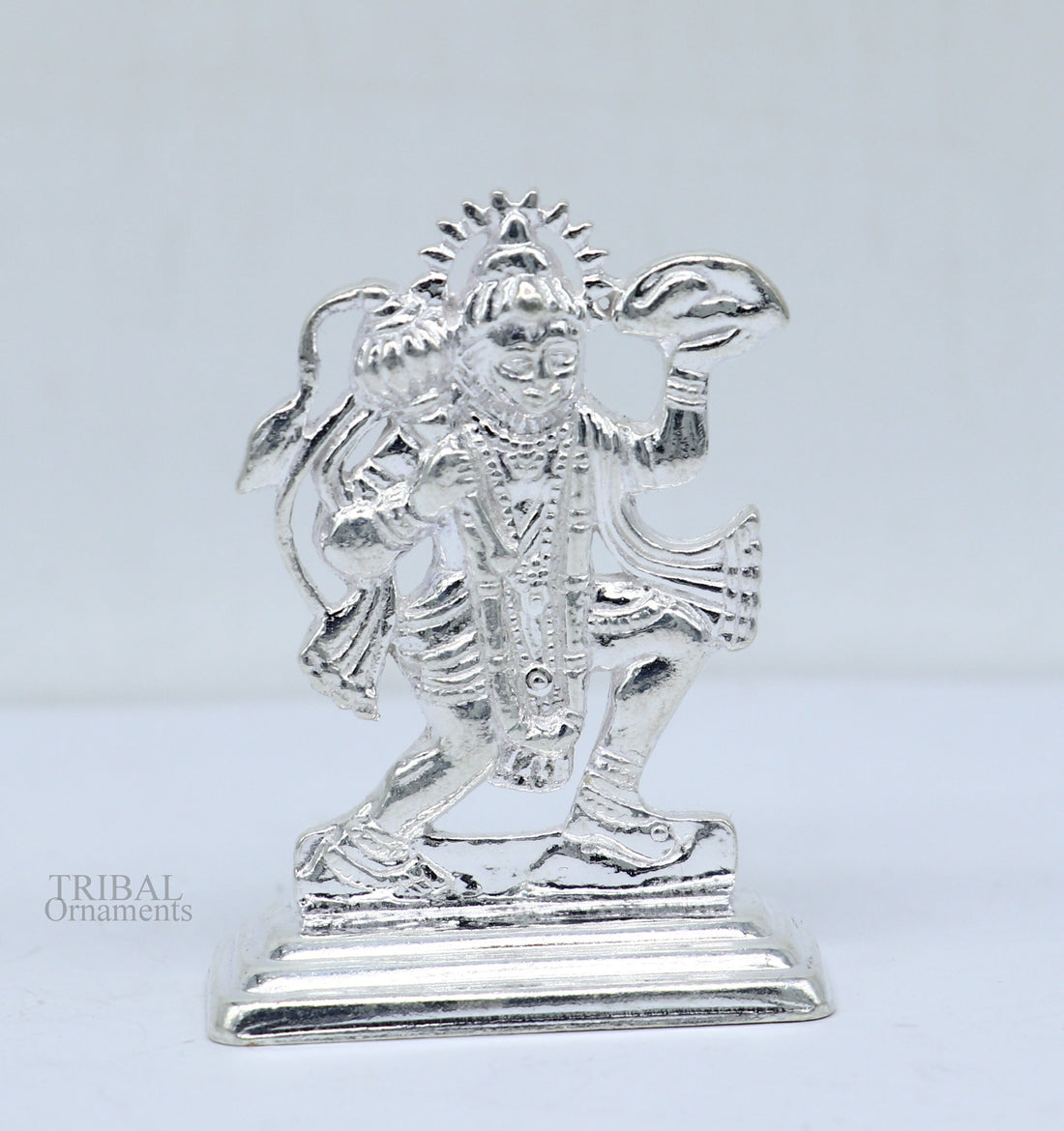 Sterling silver handmade Idols Lord Hanumaan BajaranBali flying with mountain statue figurine, puja articles decorative gift puja art485 - TRIBAL ORNAMENTS