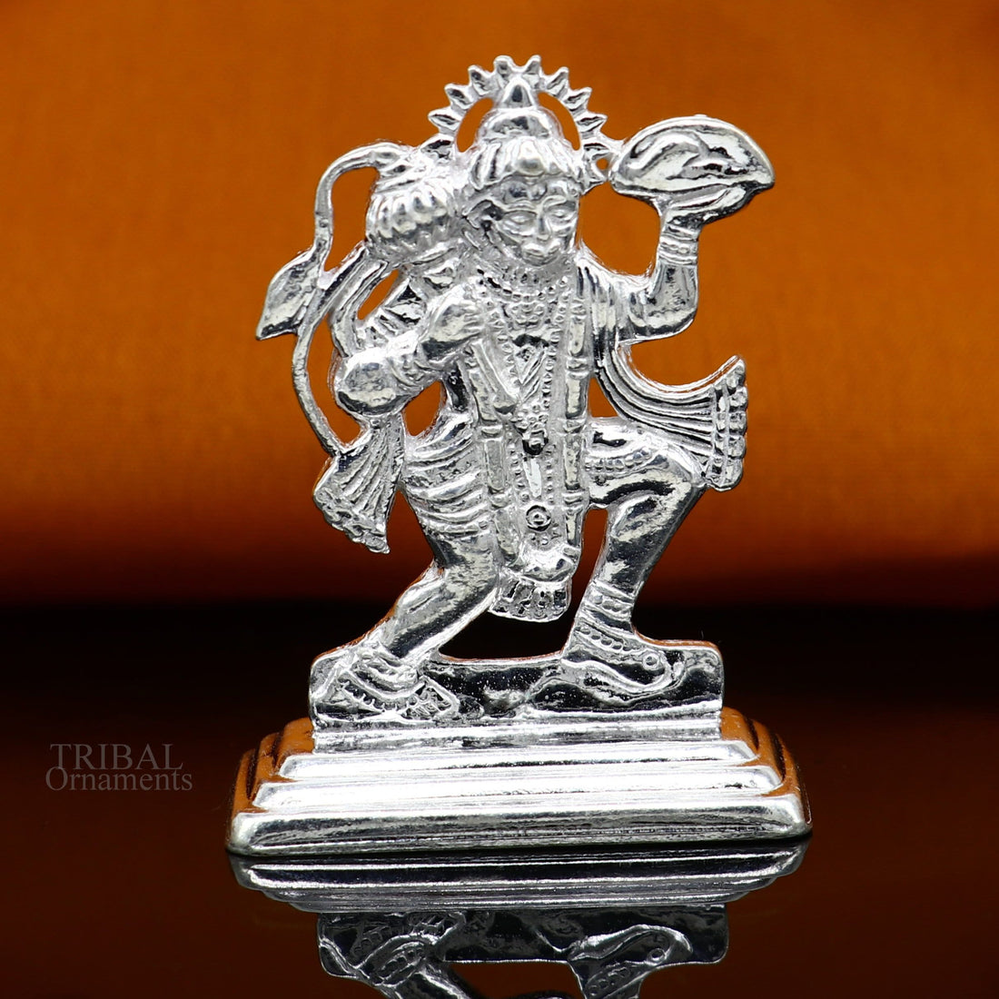 Sterling silver handmade Idols Lord Hanumaan BajaranBali flying with mountain statue figurine, puja articles decorative gift puja art485 - TRIBAL ORNAMENTS