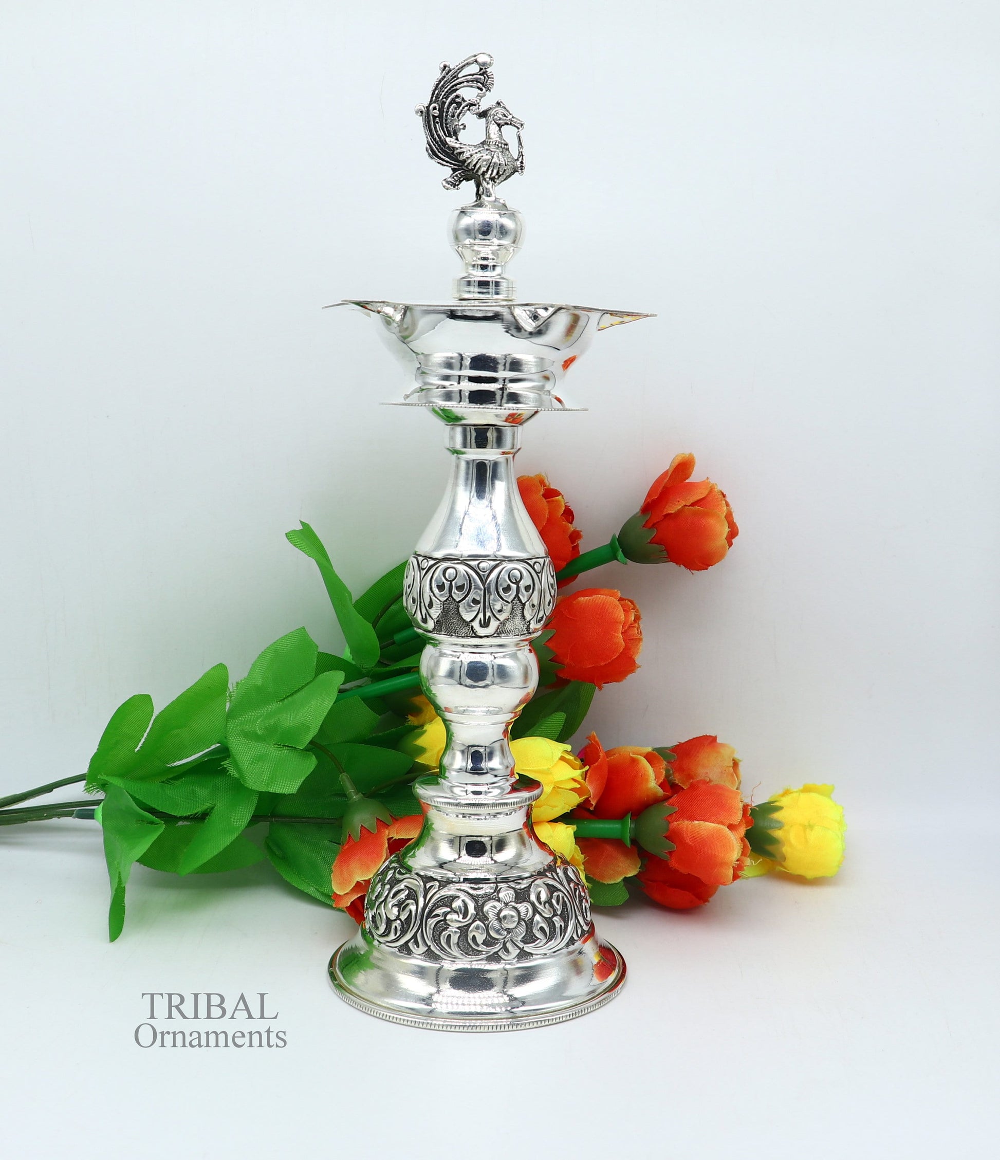 10" 925 sterling silver handcrafted vintage design Panchmukhi oil lamp, Deepak, silver puja article, silver candle stand diya figurine LMP01 - TRIBAL ORNAMENTS