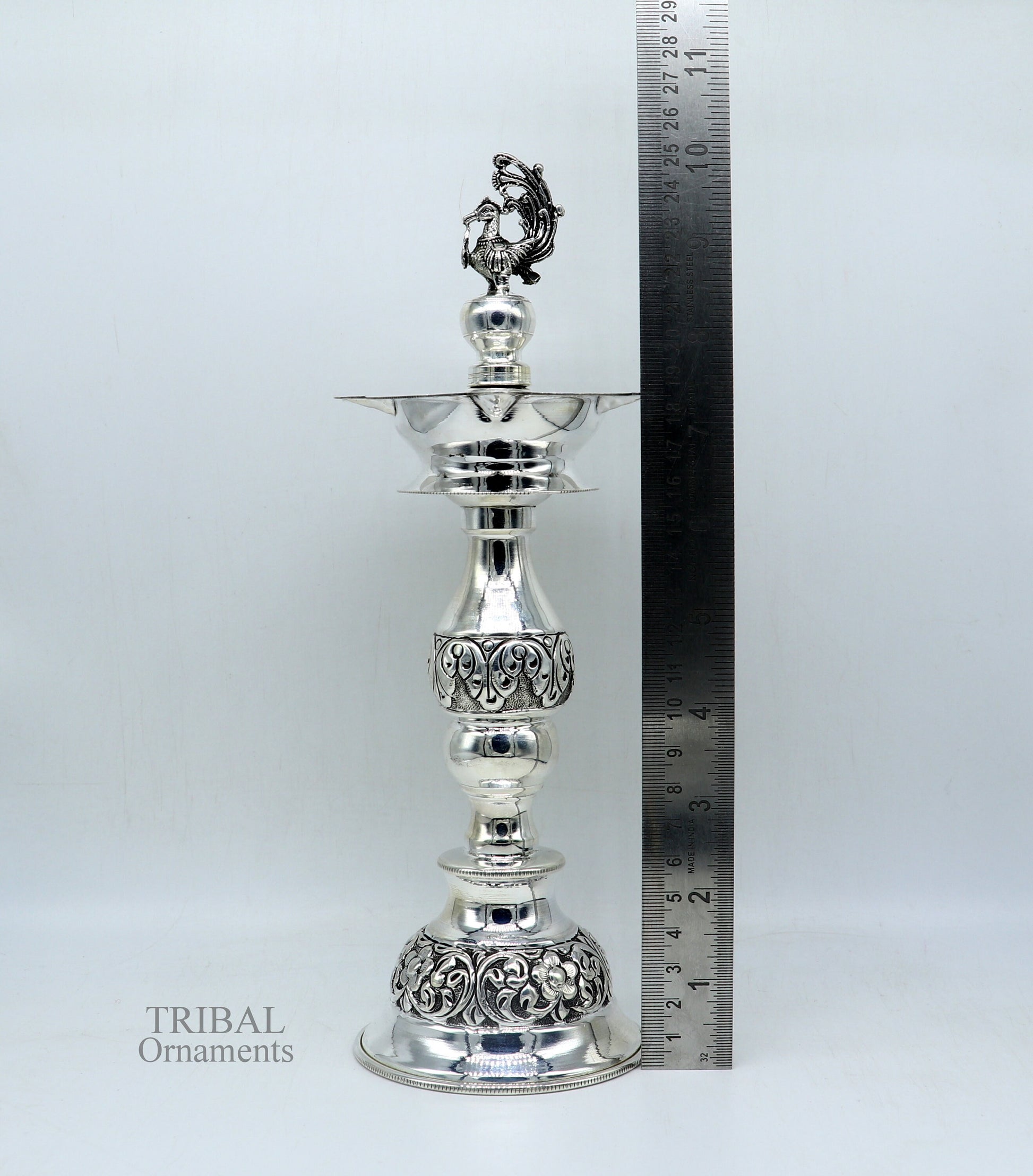 10" 925 sterling silver handcrafted vintage design fave face oil lamp, Deepak, silver puja article, silver candle stand diya figurine LMP01 - TRIBAL ORNAMENTS