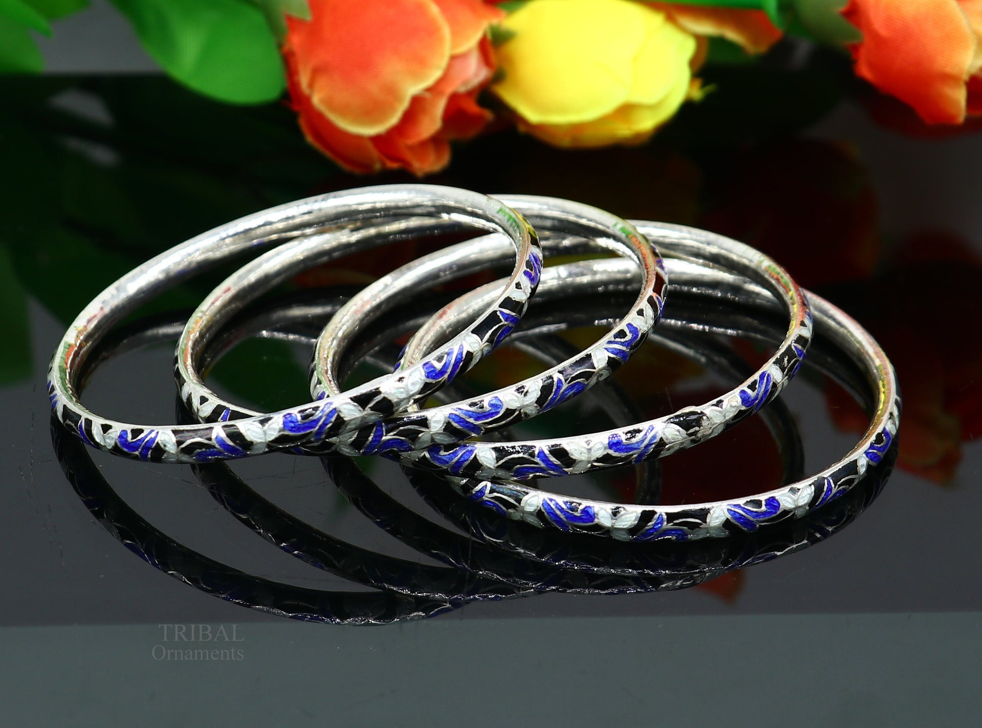 925 sterling silver handcrafted color enamel 4 pieces bangles bracelet, best brides jewelry vintage antique style wrist jewelry nba284 - TRIBAL ORNAMENTS