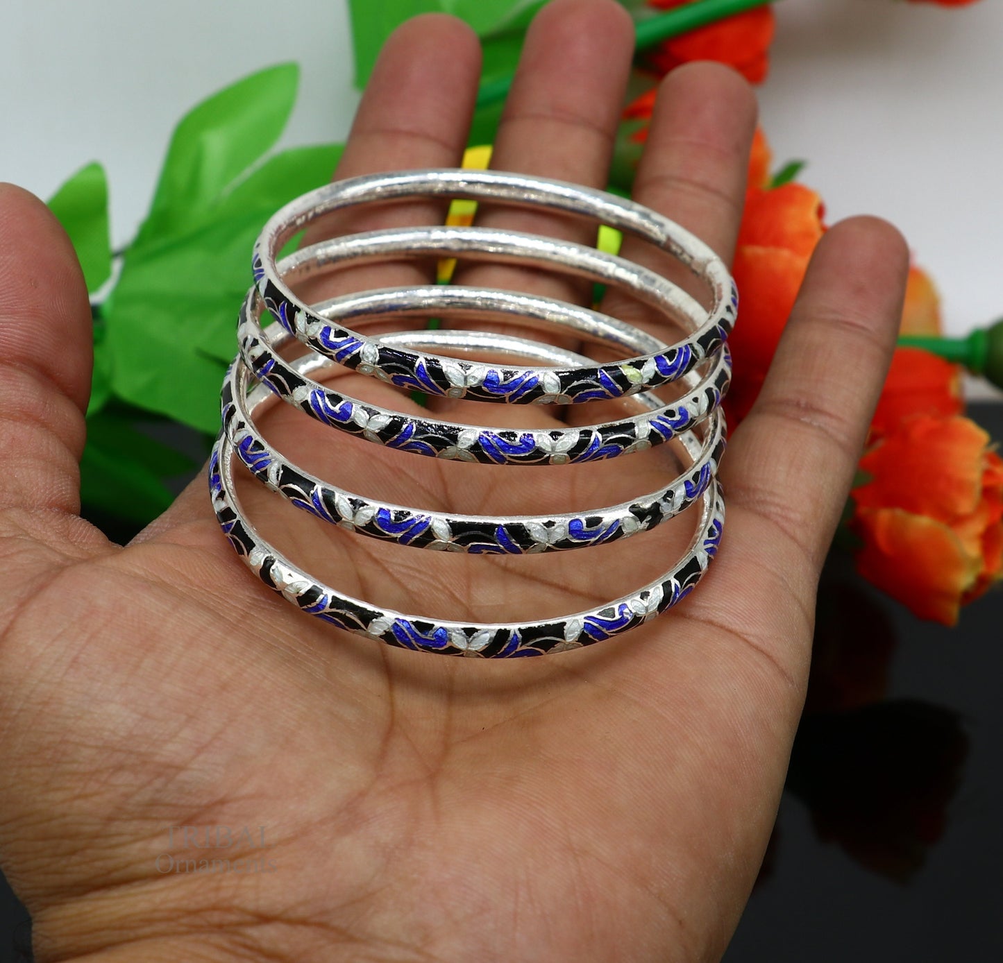 925 sterling silver handcrafted color enamel 4 pieces bangles bracelet, best brides jewelry vintage antique style wrist jewelry nba284 - TRIBAL ORNAMENTS